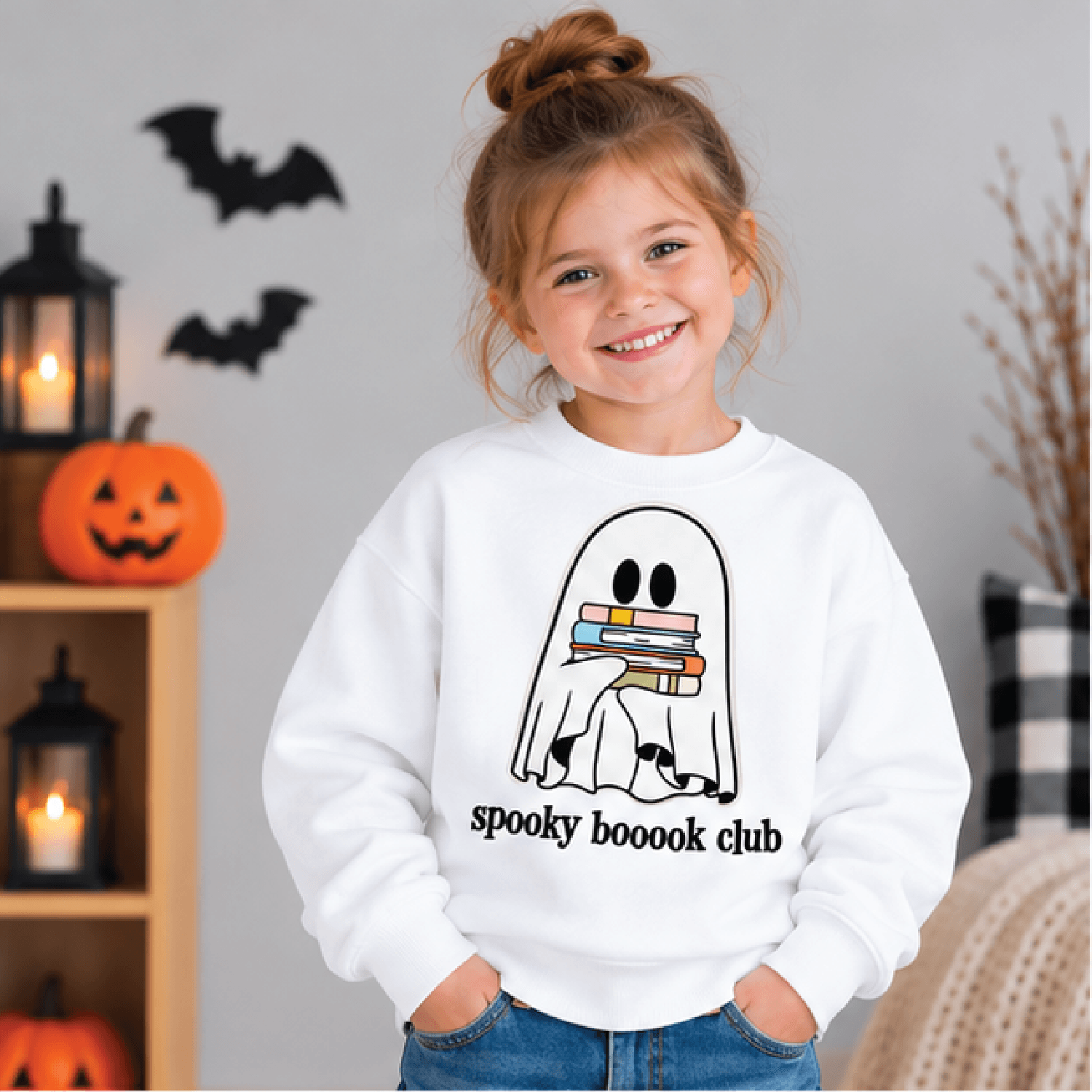 spooky boooook club sweatshirt, kids youth unisex halloween crewneck, cute ghost book lover sweater, fall reading gift