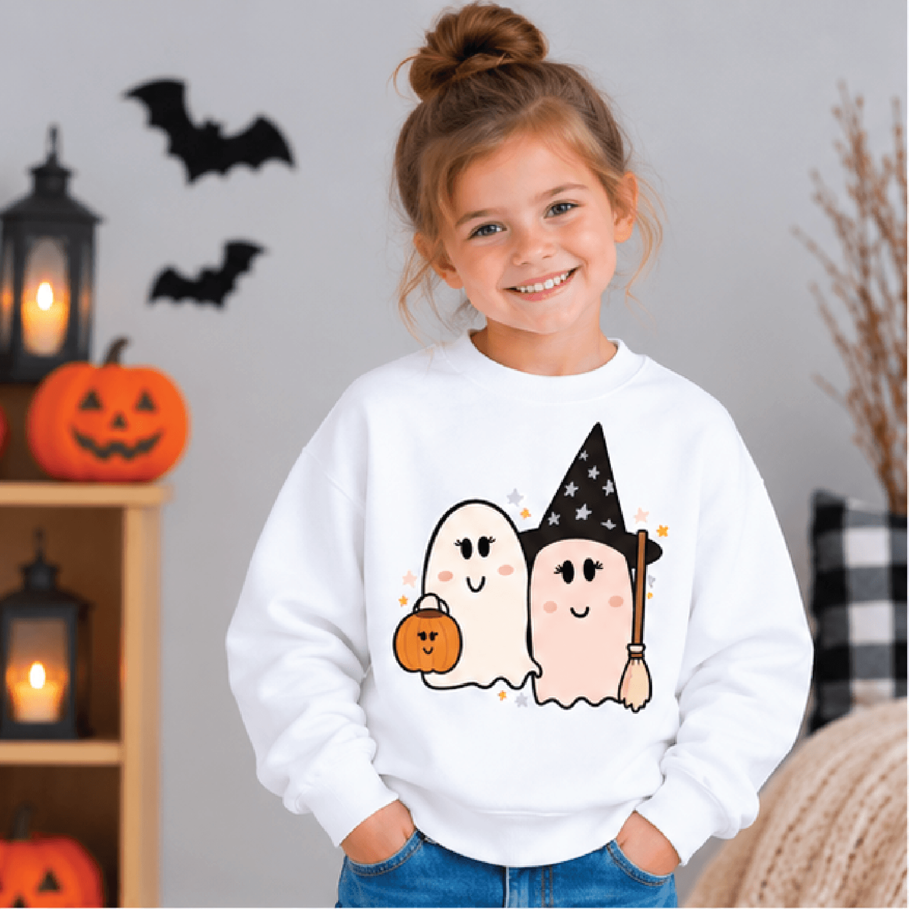 ghosty girls halloween sweatshirt, kids youth unisex cute ghost crewneck, witch ghost pumpkin sweater, spooky fall gift