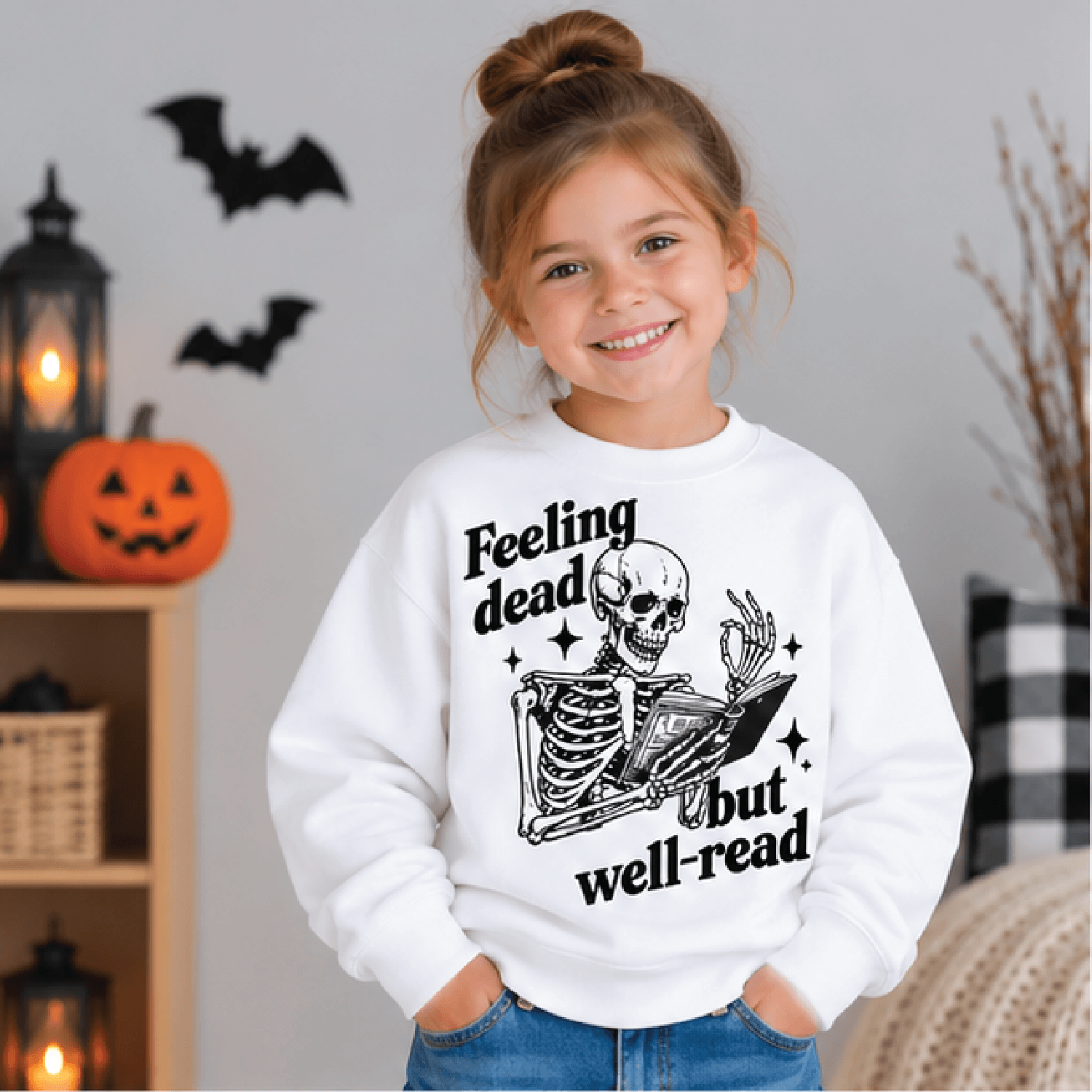 feeling dead but well read halloween sweatshirt, kids youth unisex skeleton reading crewneck, spooky book lover sweater