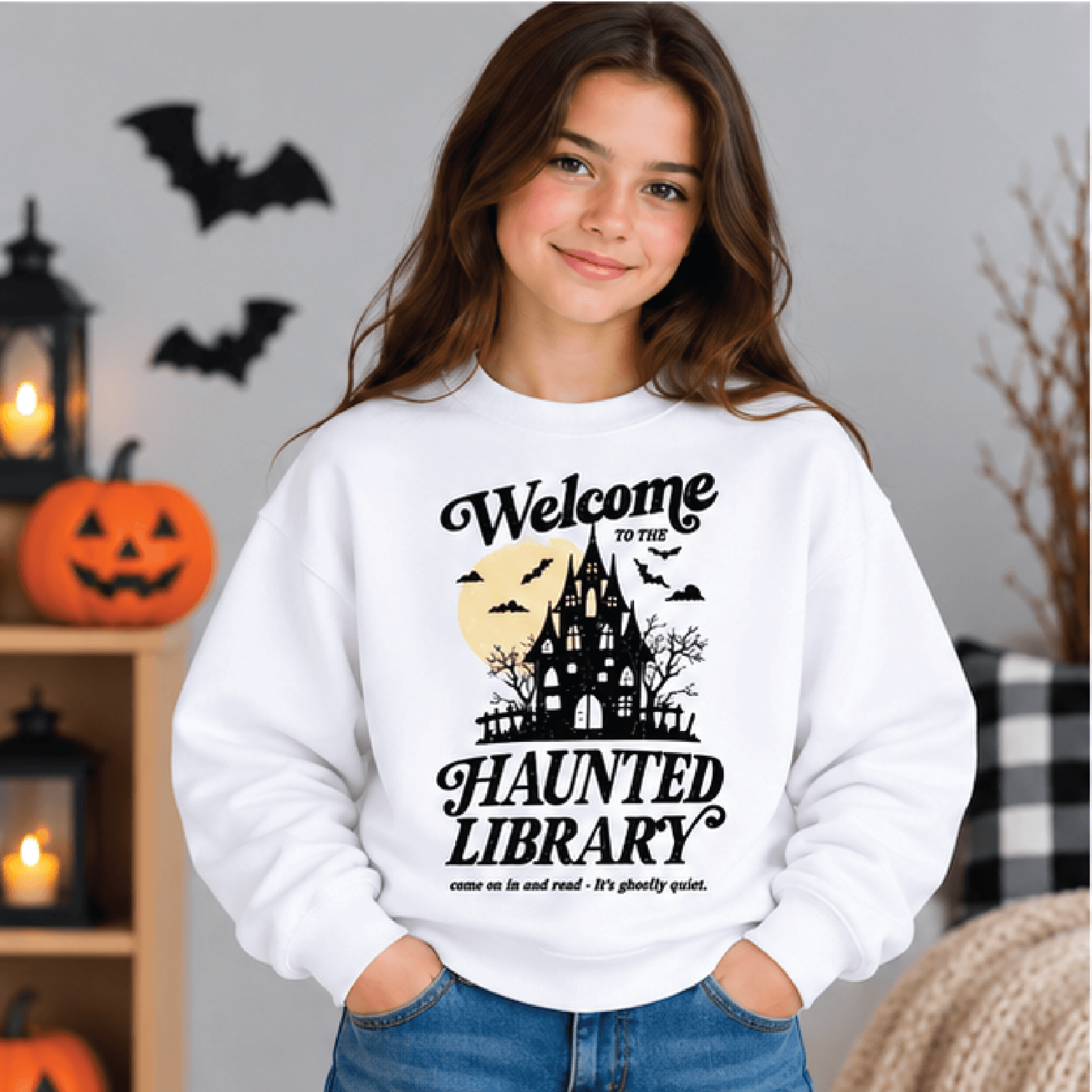 haunted library halloween sweatshirt, kids youth unisex spooky book crewneck, haunted house reading sweater, book lover