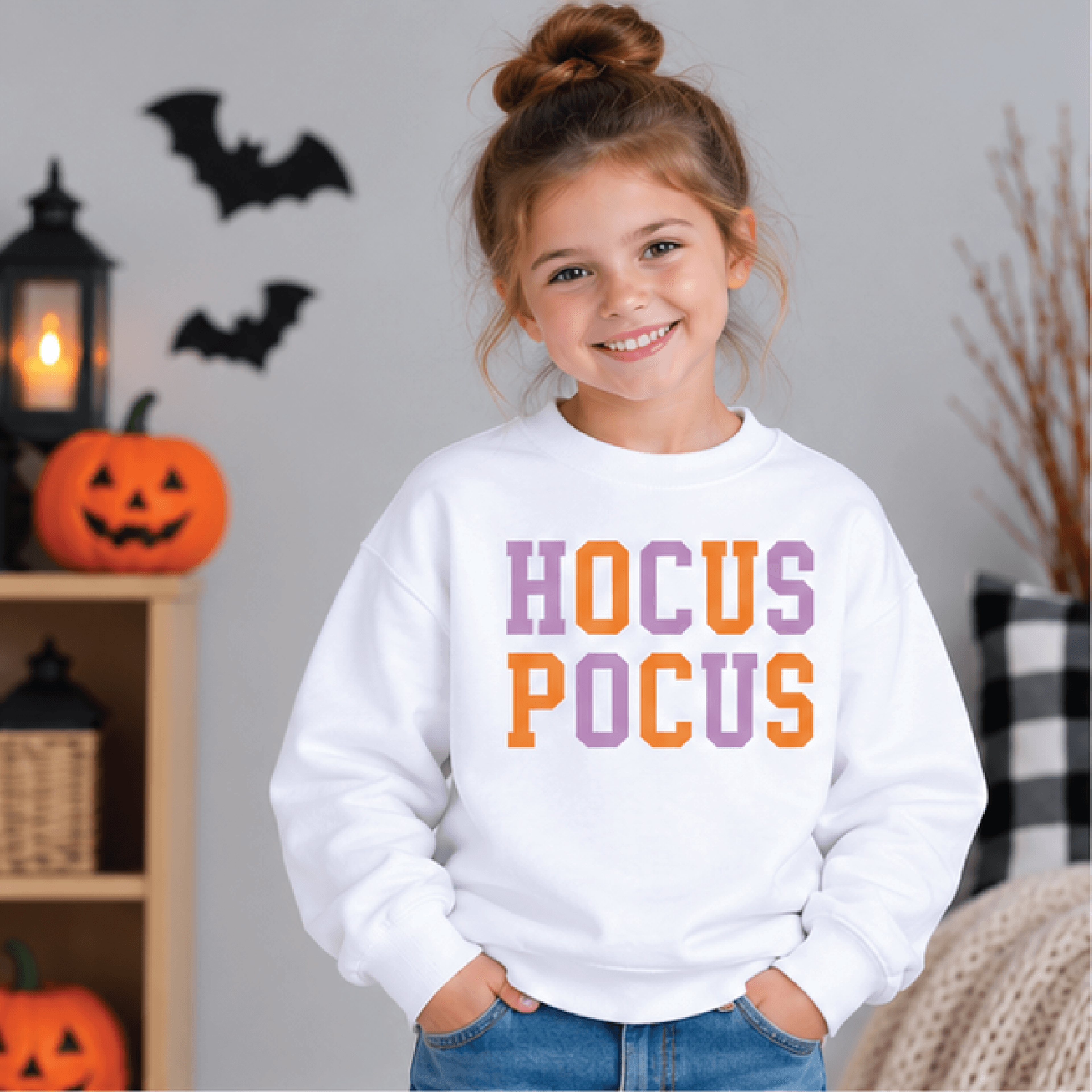 hocus pocus halloween sweatshirt, kids youth unisex spooky crewneck, orange purple witchy sweater, trick or treat gift
