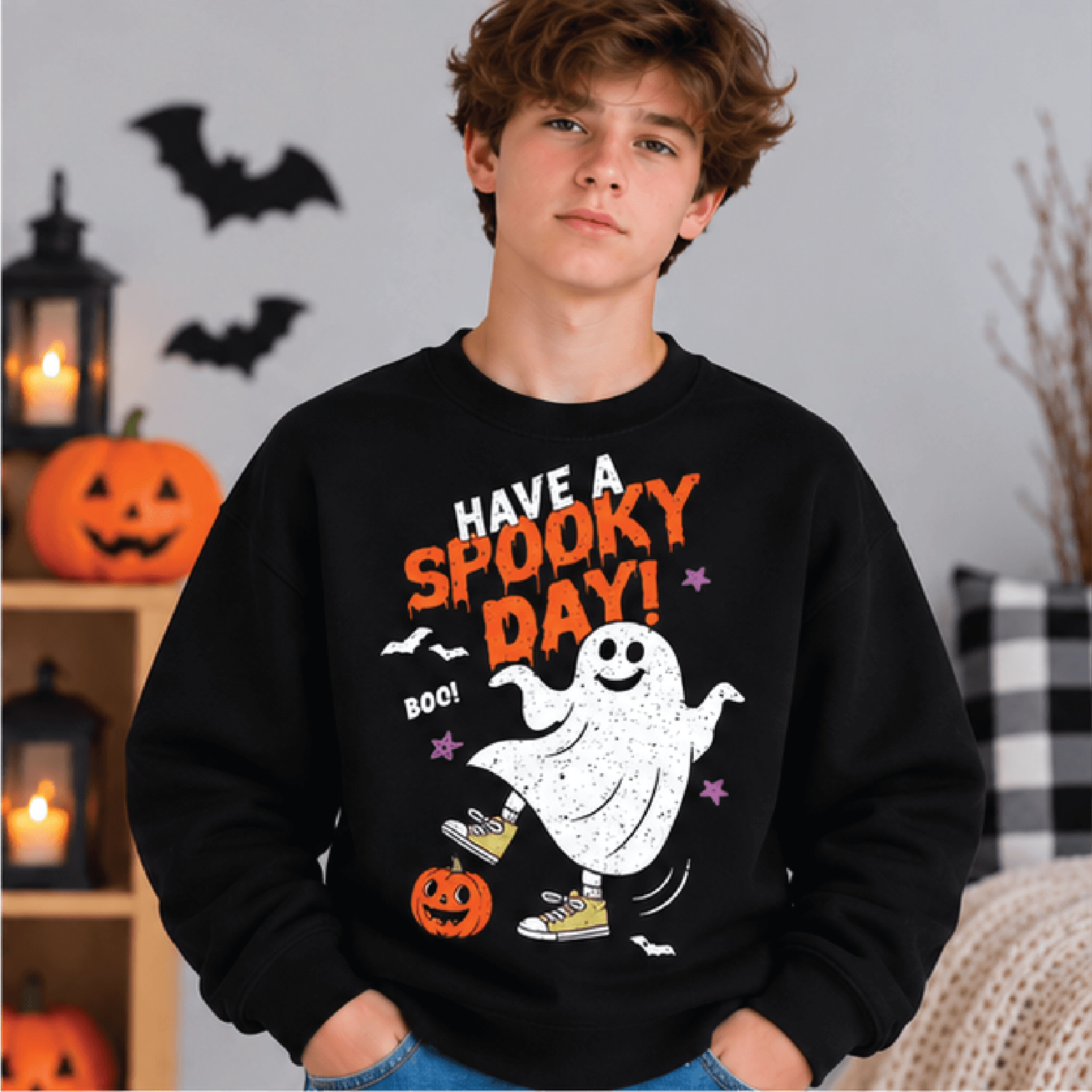 have a spooky day halloween sweatshirt, kids youth unisex ghost crewneck, cute pumpkin bat sweater, spooky season gift