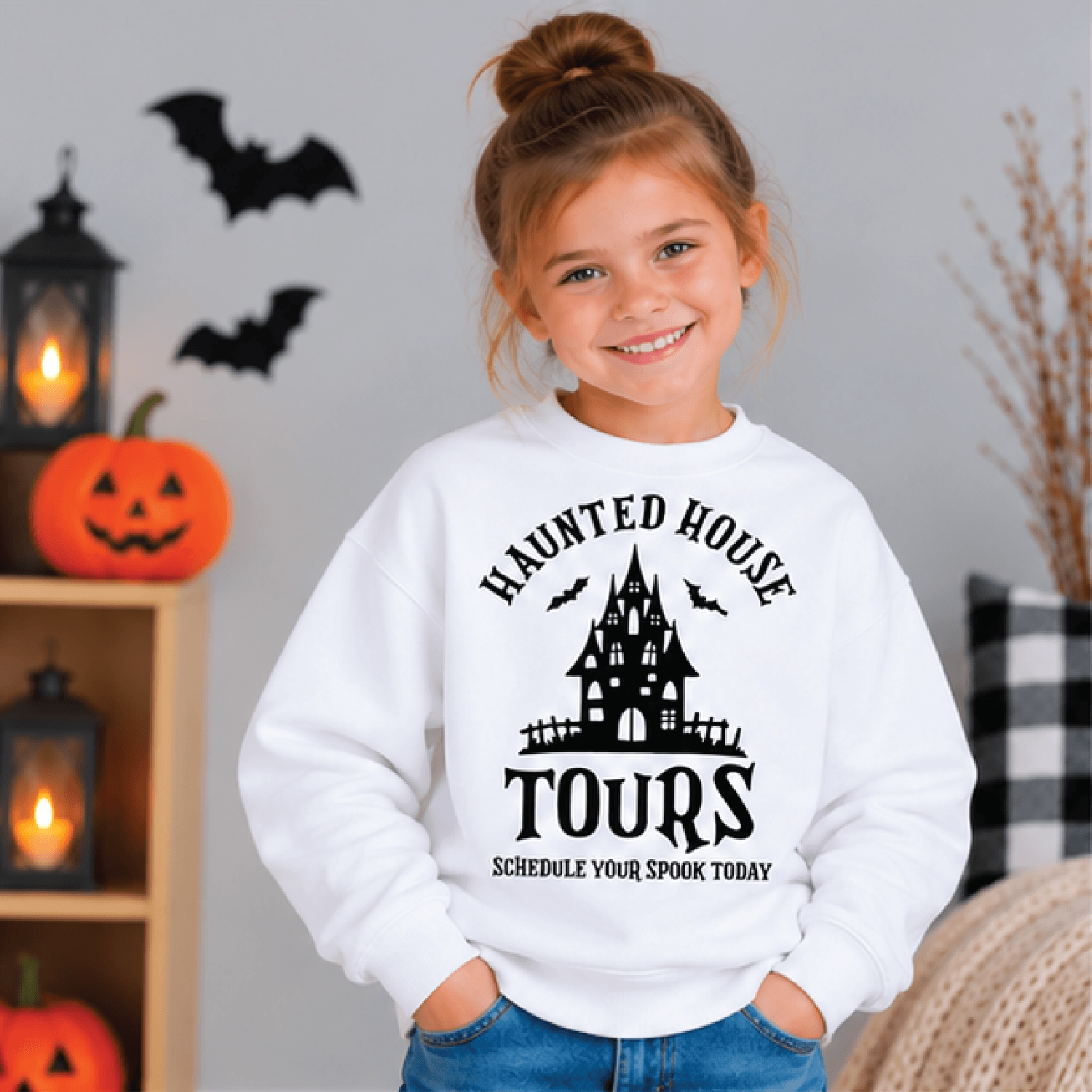 haunted house tours halloween sweatshirt, kids youth unisex spooky crewneck, haunted mansion bat sweater, trick or treat