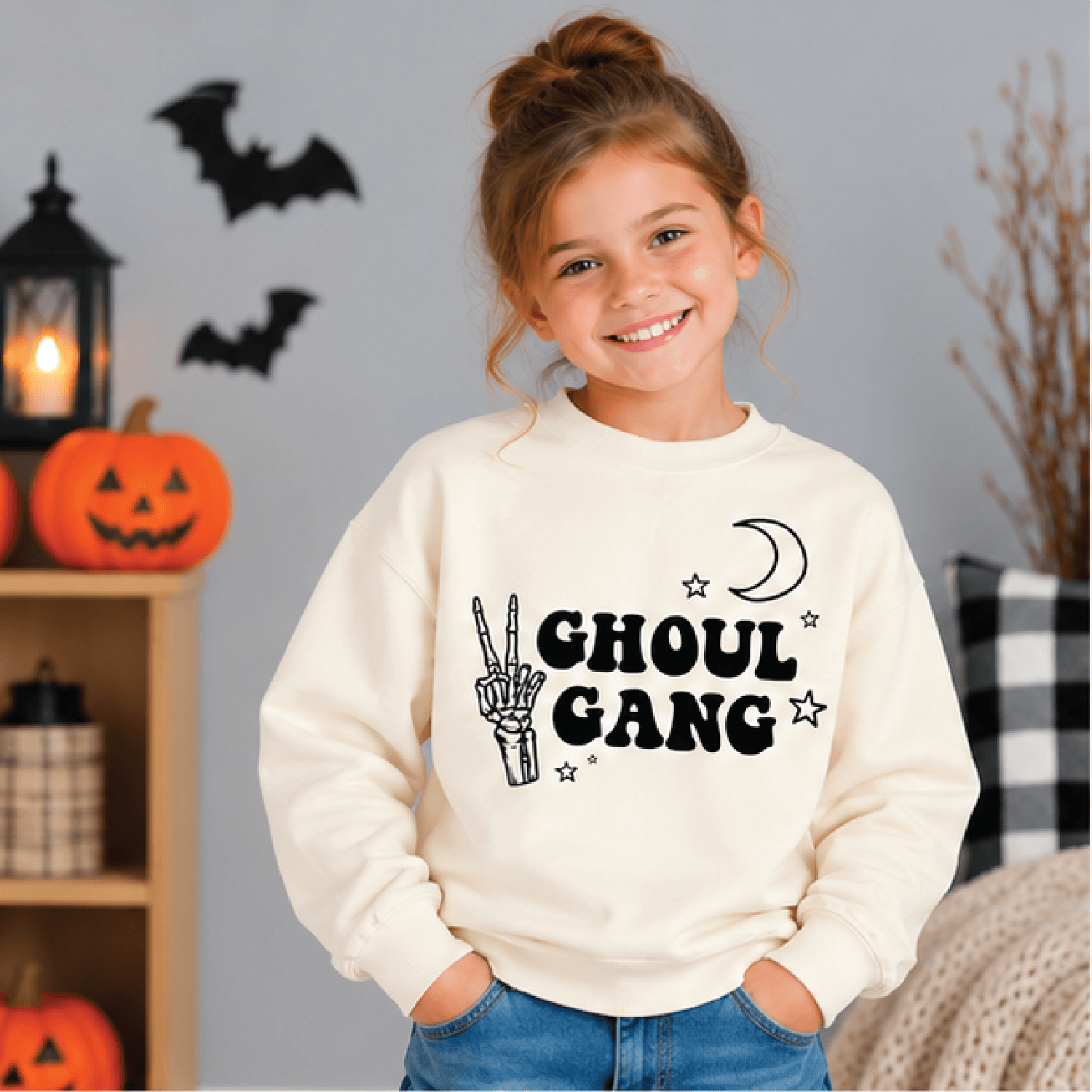 ghoul gang halloween sweatshirt, kids youth unisex skeleton crewneck, spooky peace sign moon stars sweater, fall gift