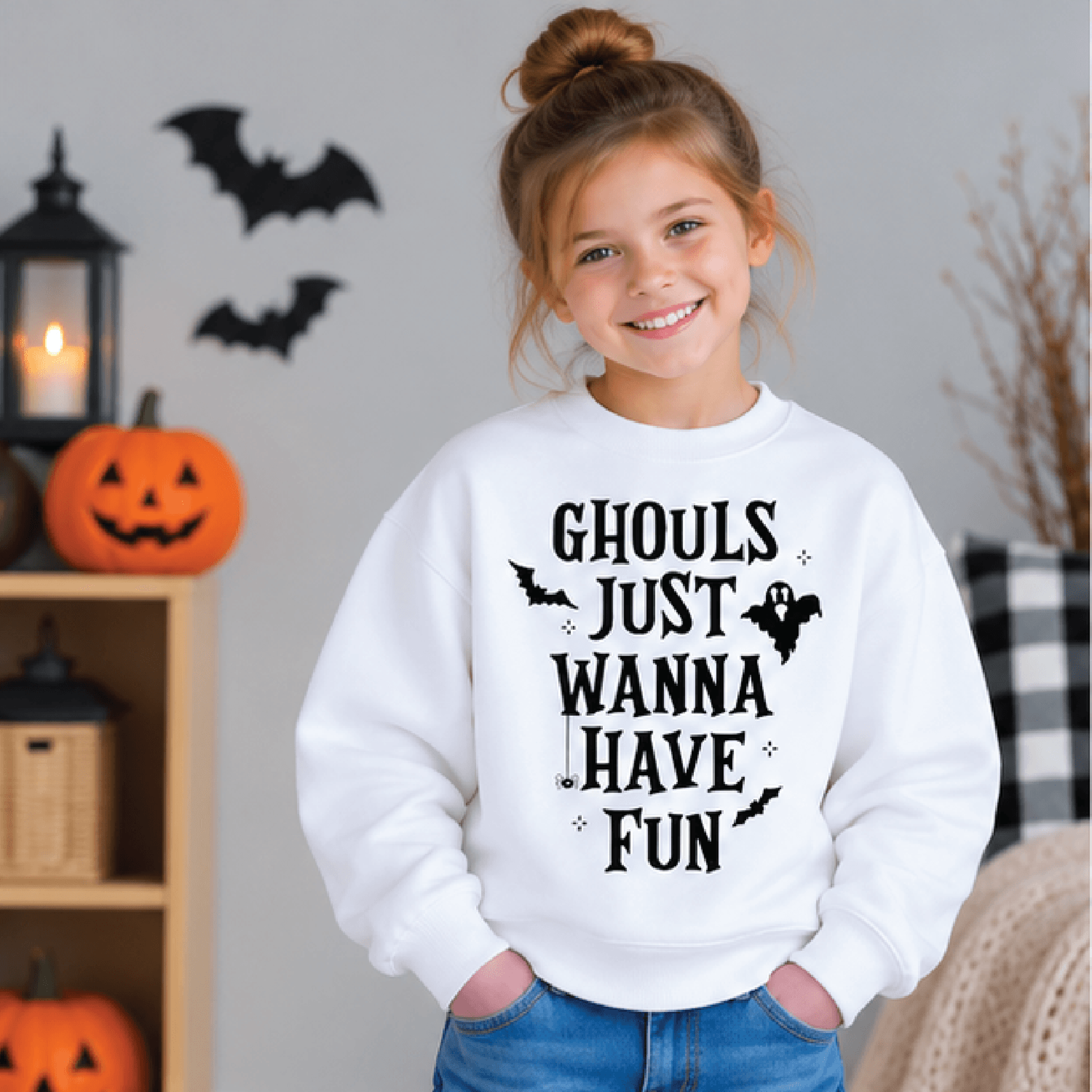 ghouls just wanna have fun sweatshirt, kids youth unisex halloween crewneck, cute ghost bat spooky season sweater