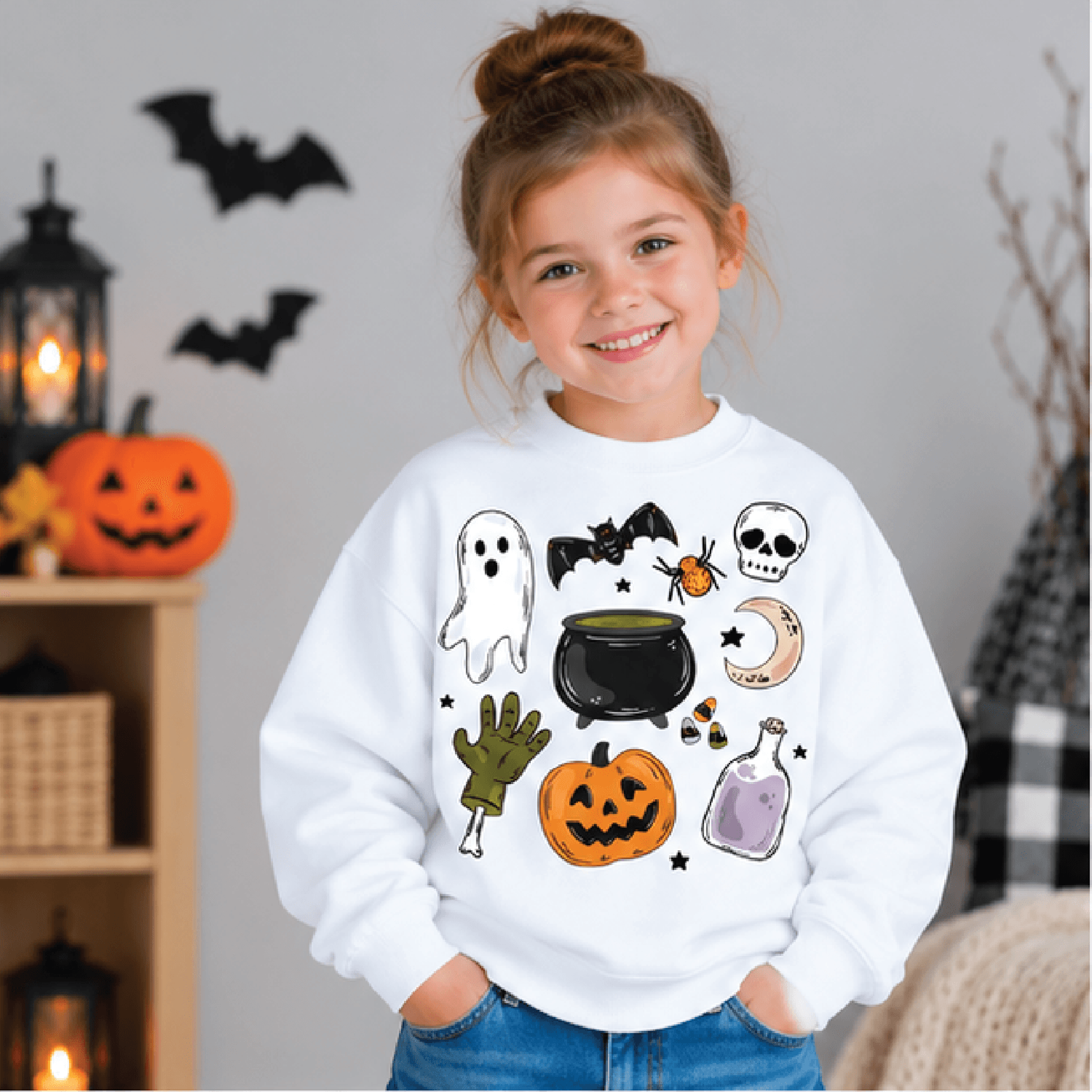 halloween things sweatshirt, kids youth unisex spooky crewneck, ghost pumpkin skull bat halloween sweater, fall gift