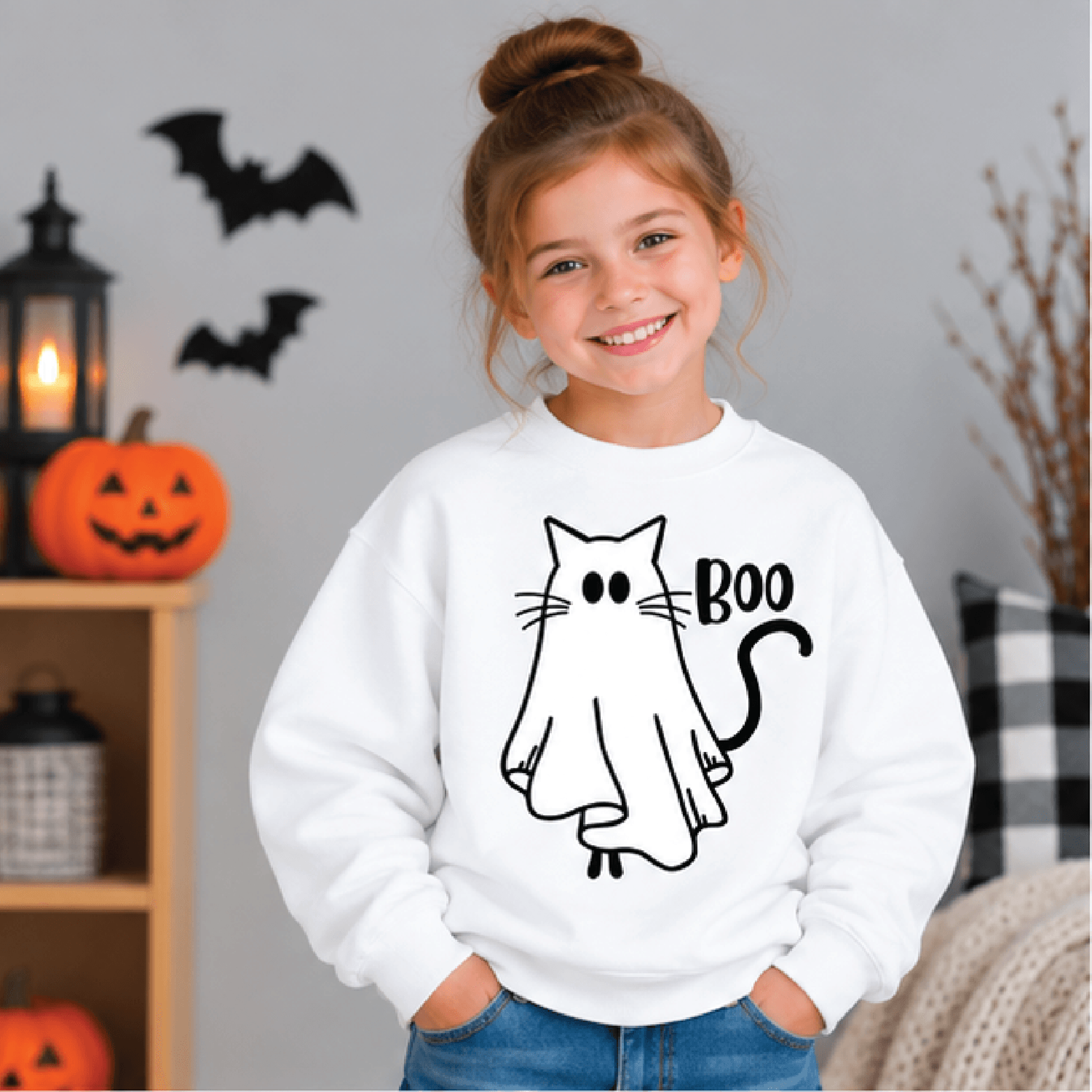 ghost kitty halloween sweatshirt, kids youth unisex cat crewneck, cute spooky ghost cat sweater, trick or treat fall gif