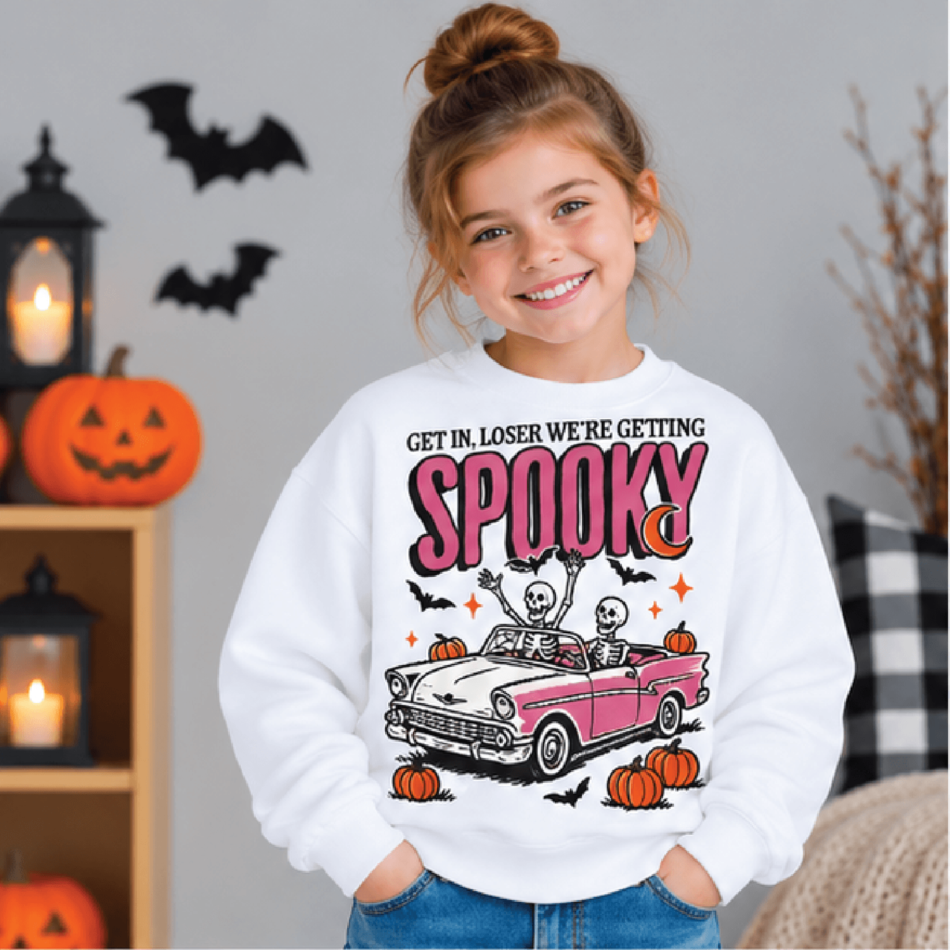 get in loser we're getting spooky sweatshirt, kids youth unisex halloween crewneck, cute ghost pumpkin fall sweater gift