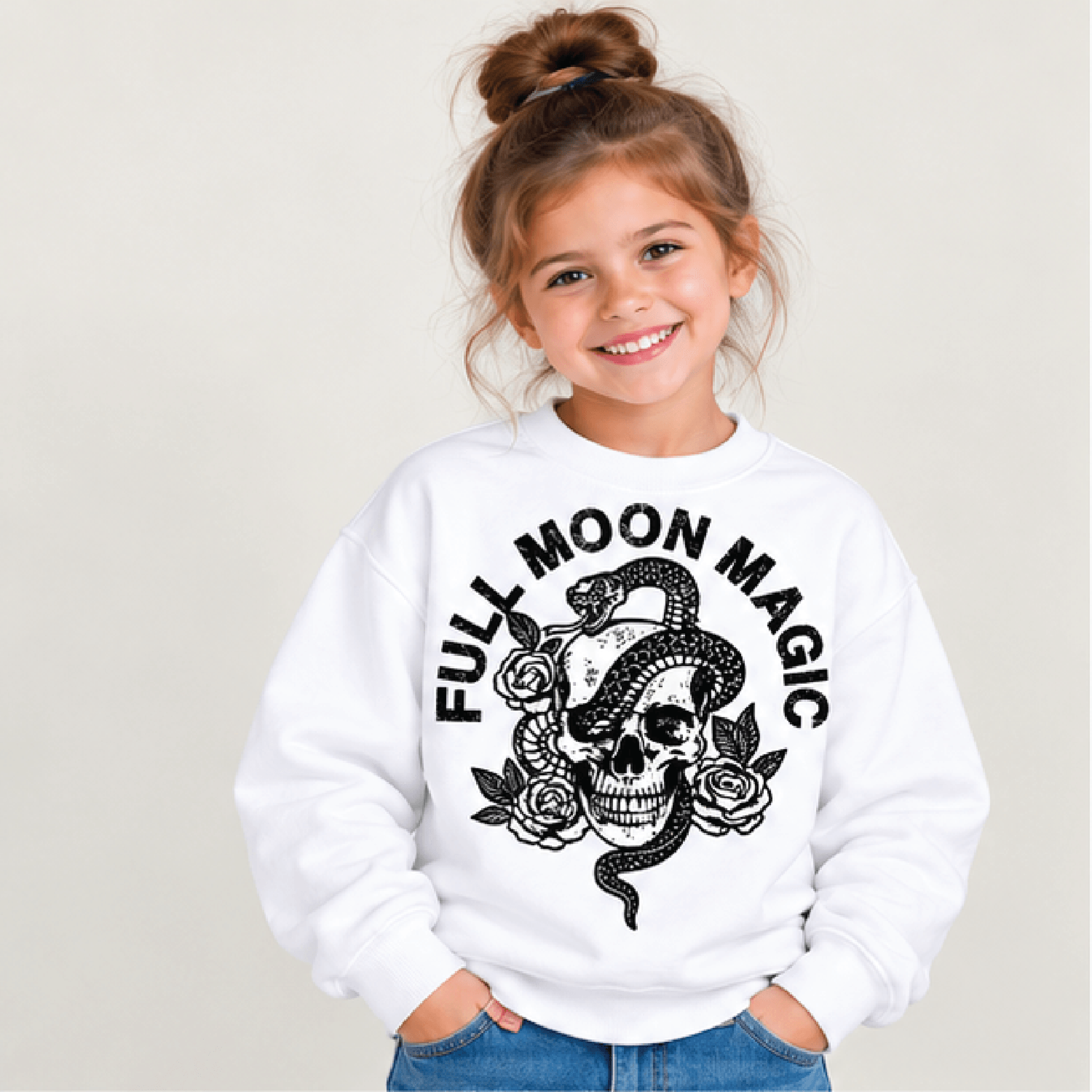full moon magic halloween sweatshirt, kids youth unisex skull snake crewneck, spooky gothic moon fall sweater gift
