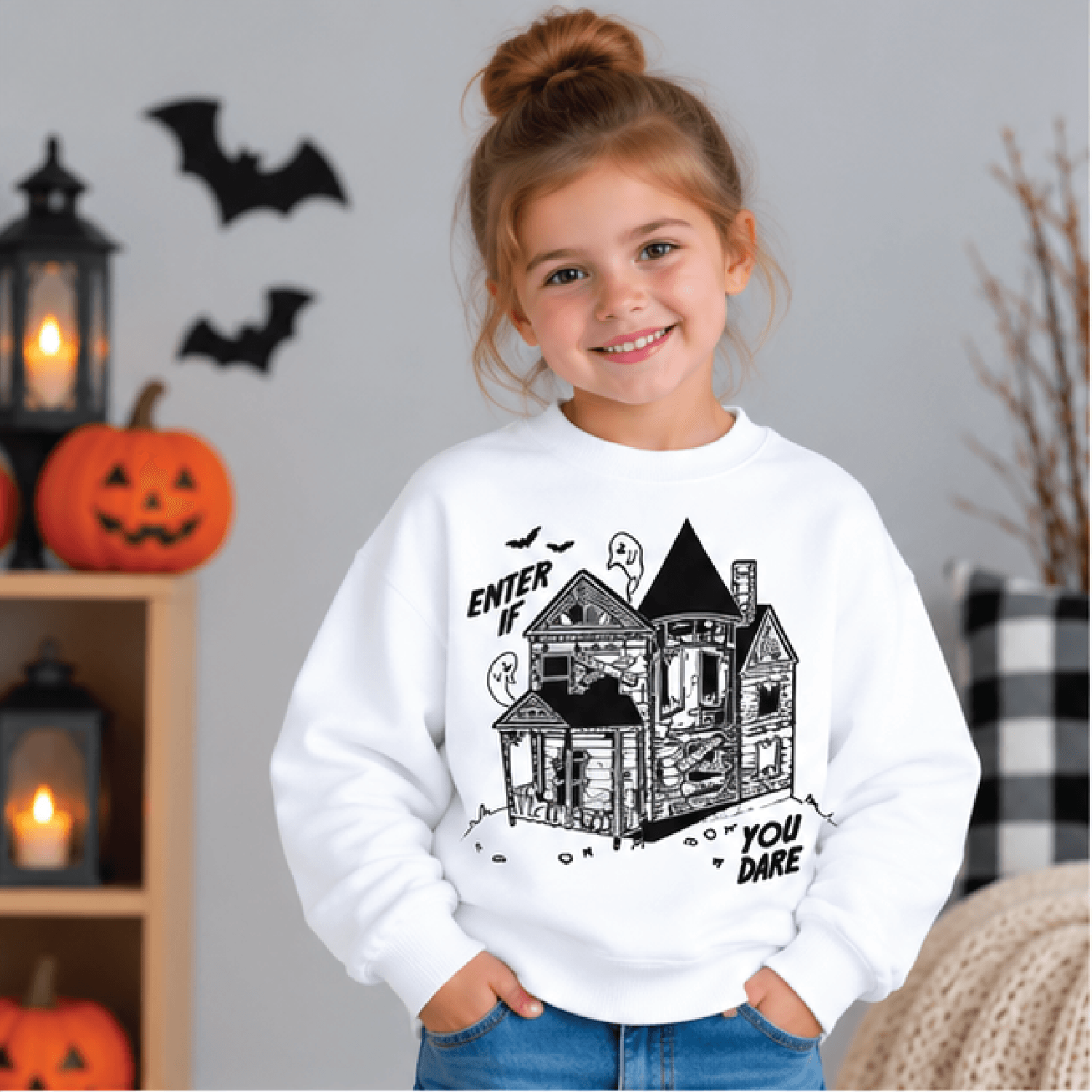 enter if you dare halloween sweatshirt, kids youth unisex haunted house crewneck, spooky ghost bat fall sweater gift