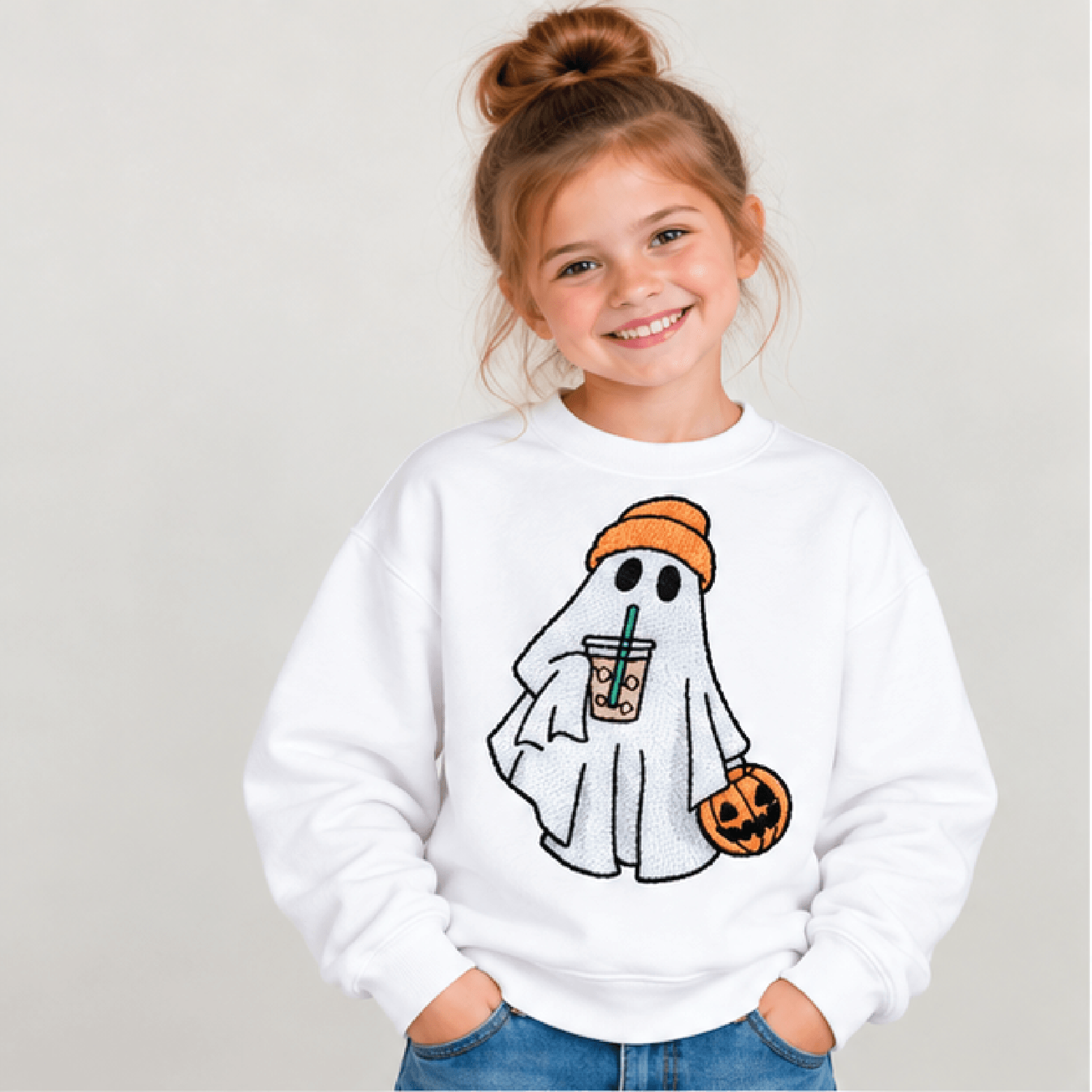 cute ghost halloween sweatshirt, kids youth unisex embroidered ghost crewneck, pumpkin coffee spooky fall sweater gift