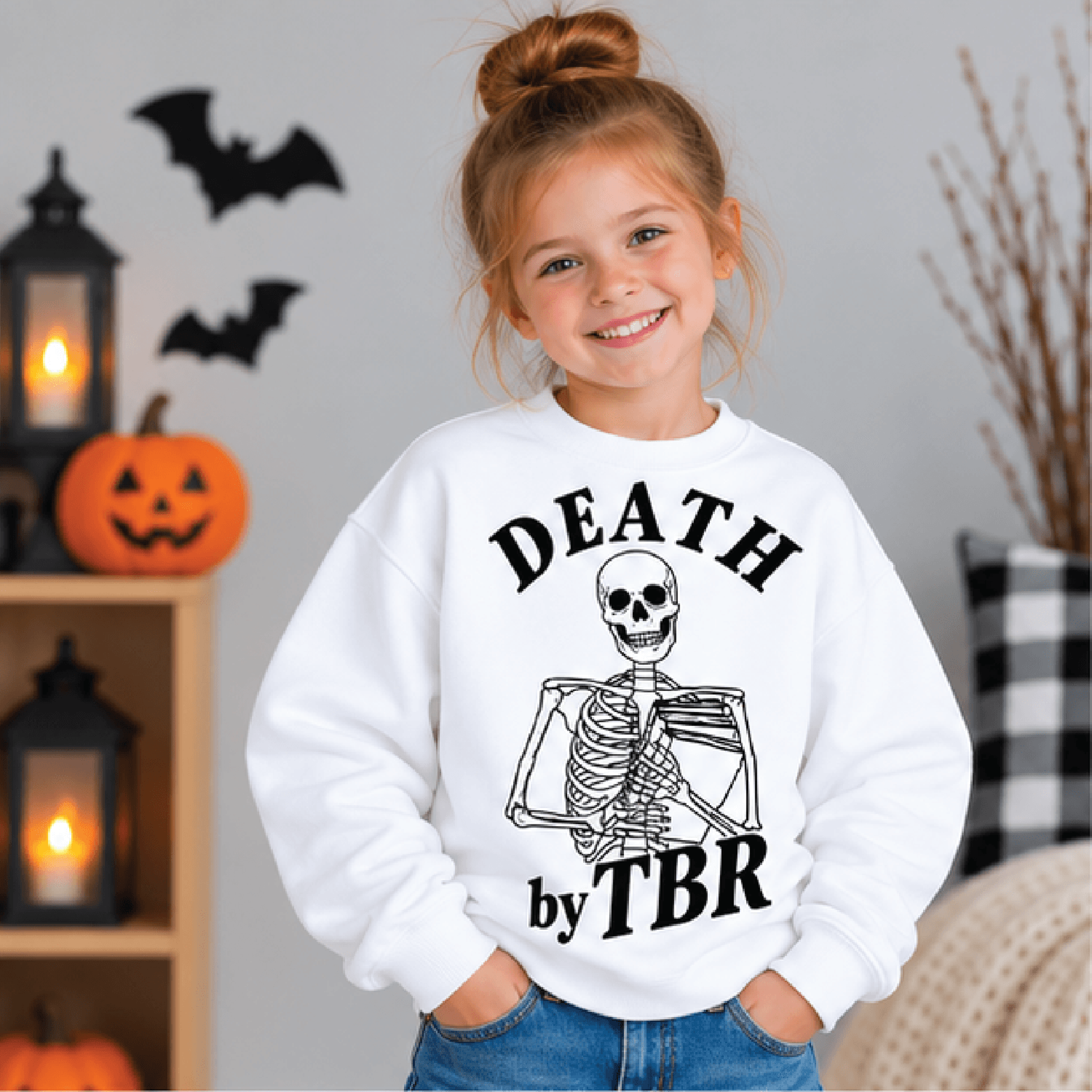 death by tbr halloween sweatshirt, kids youth unisex skeleton book lover crewneck, spooky reading fall sweater gift