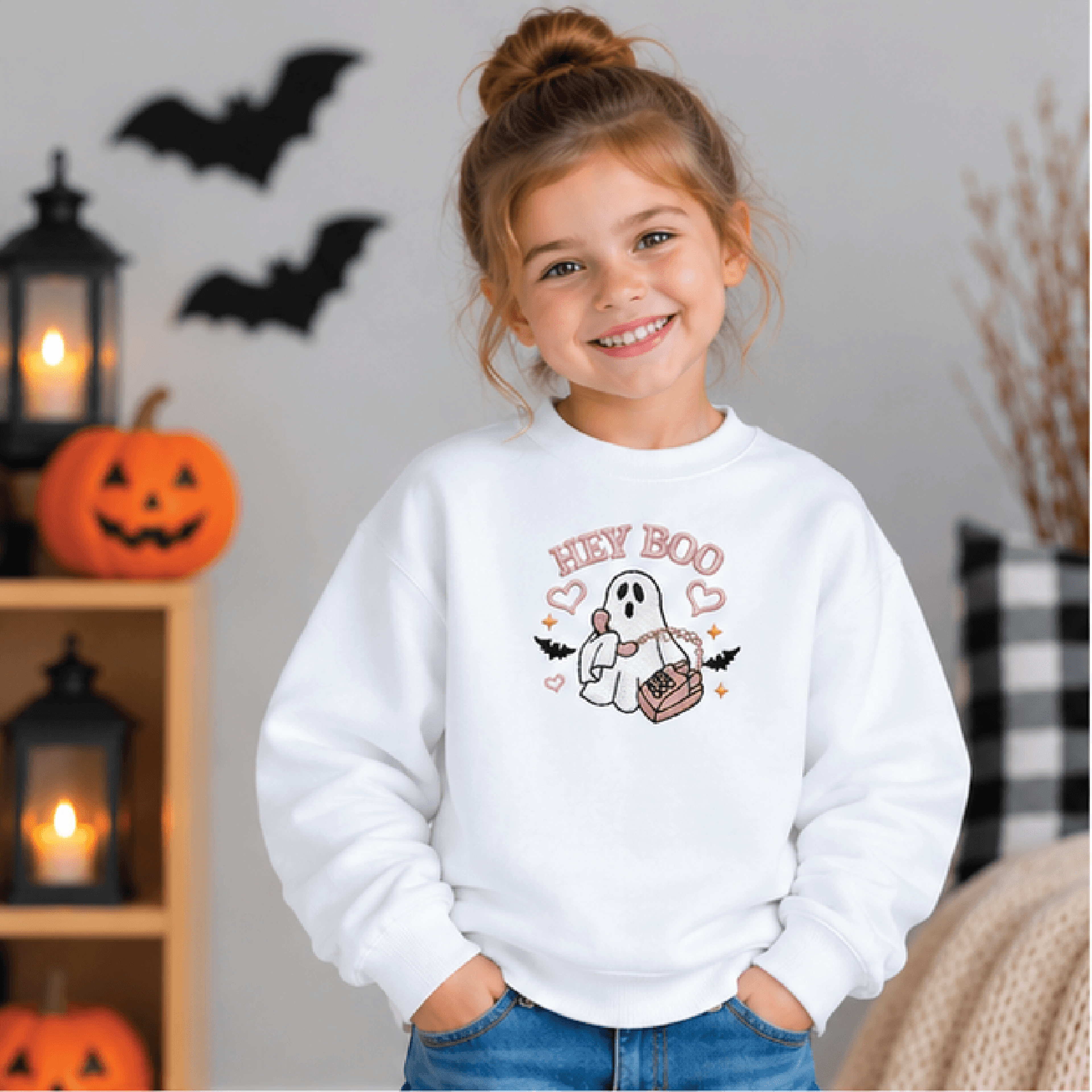 hey boo ghost halloween sweatshirt, kids youth unisex spooky crewneck, cute retro phone ghost sweater, halloween gift