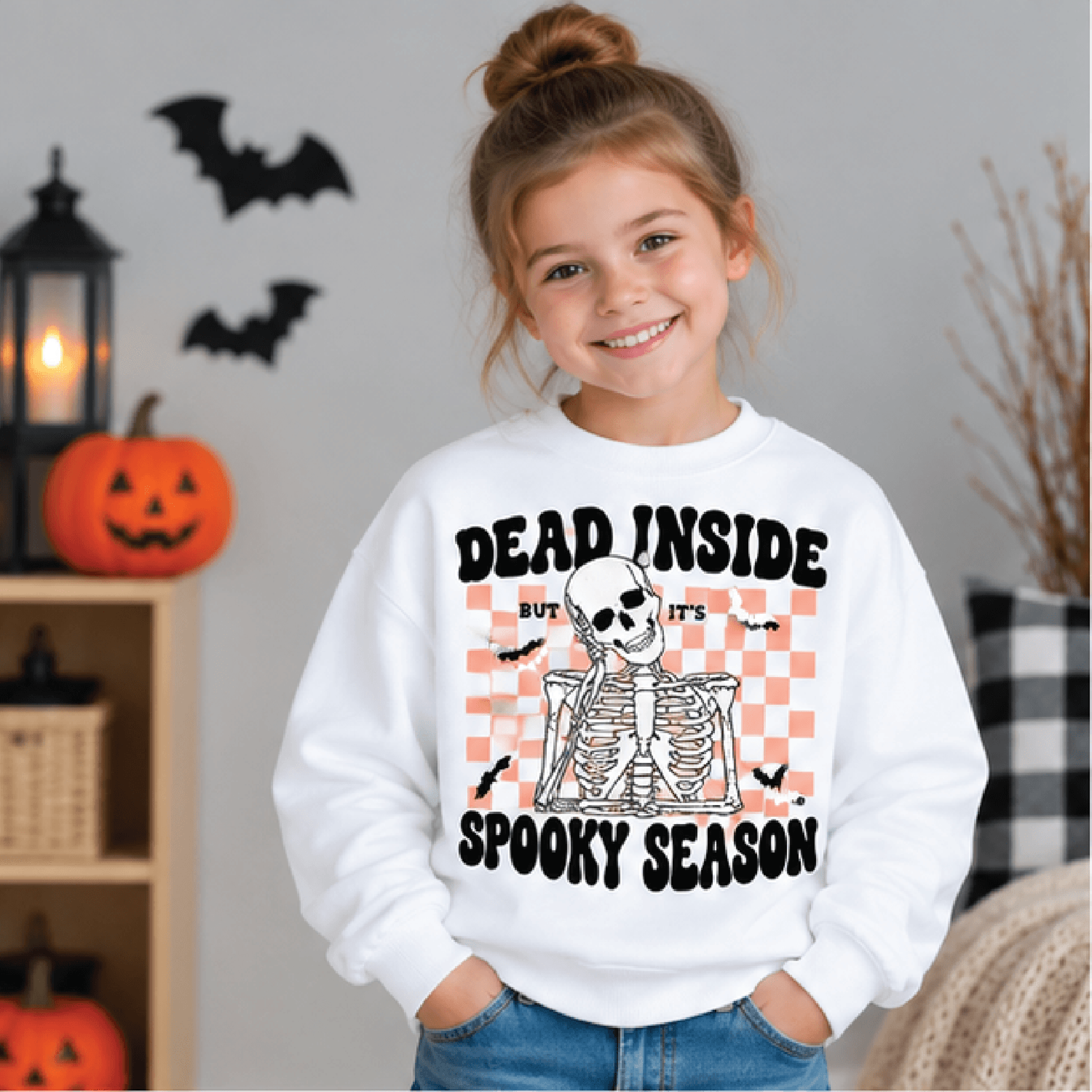 dead inside but it's spooky season sweatshirt, kids youth unisex skeleton crewneck, funny halloween fall sweater gift