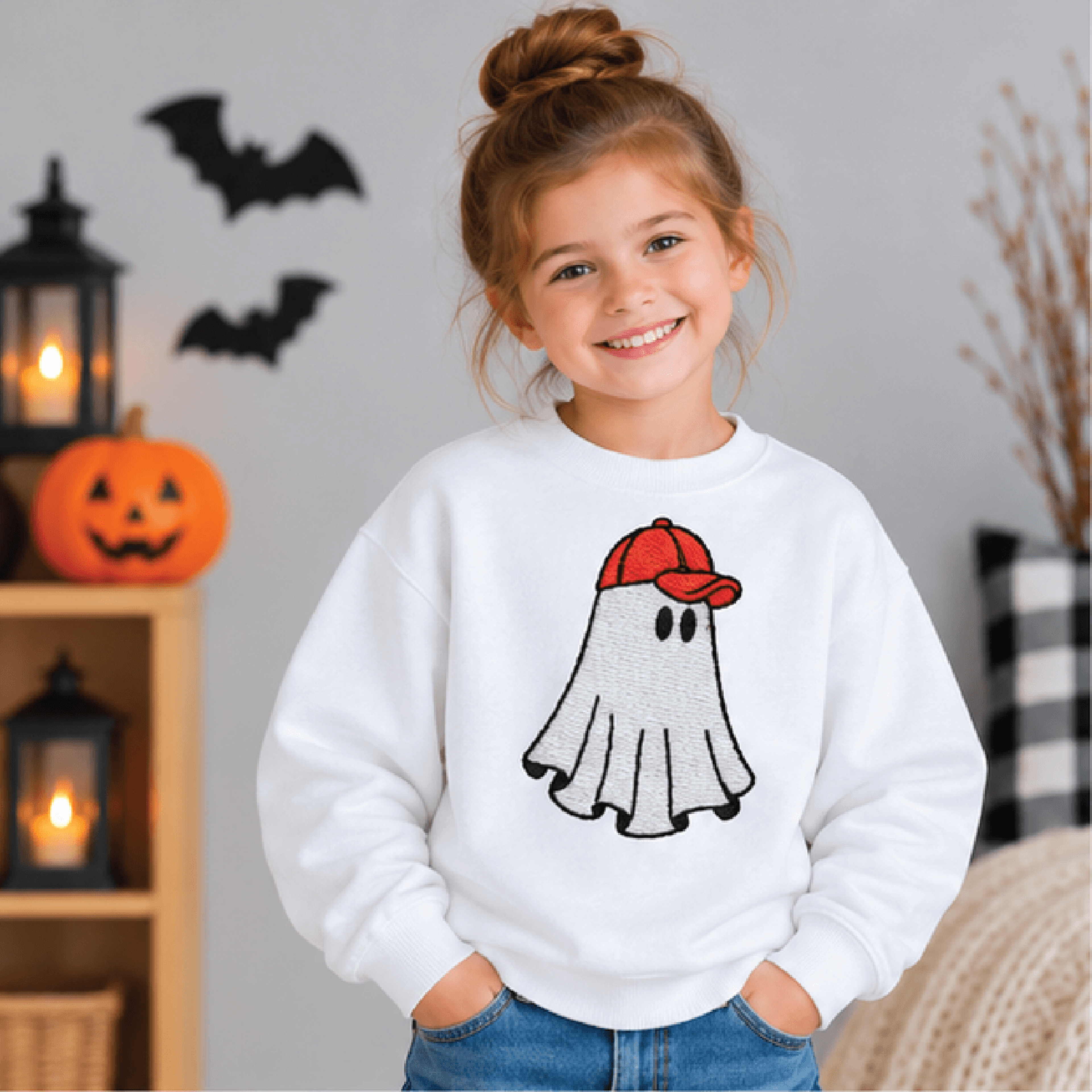ghost baseball cap halloween sweatshirt, kids youth unisex spooky ghost crewneck, cute embroidered style fall sweater gi