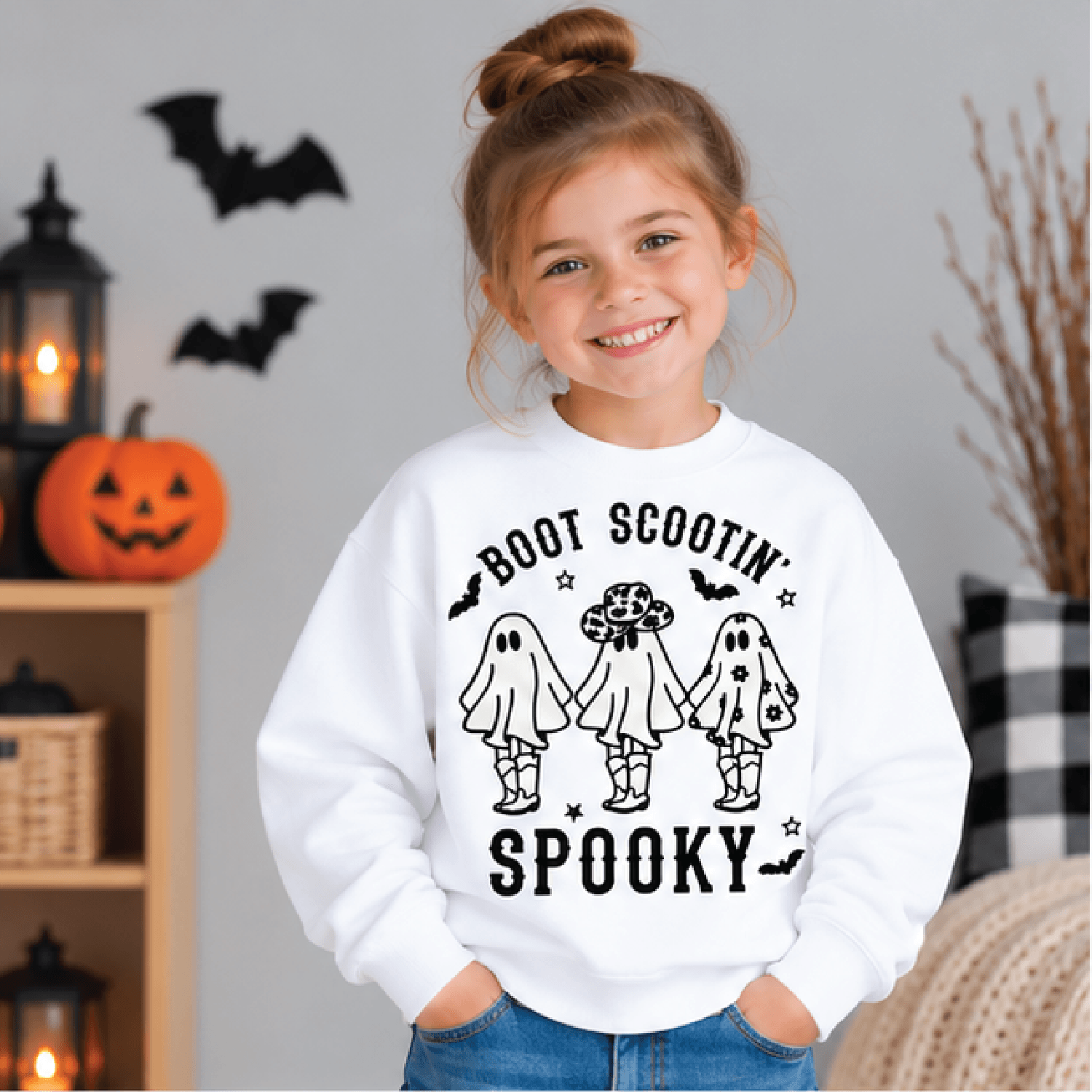 boot scootin spooky halloween sweatshirt, kids youth unisex cowboy ghost crewneck, western halloween fall sweater gift