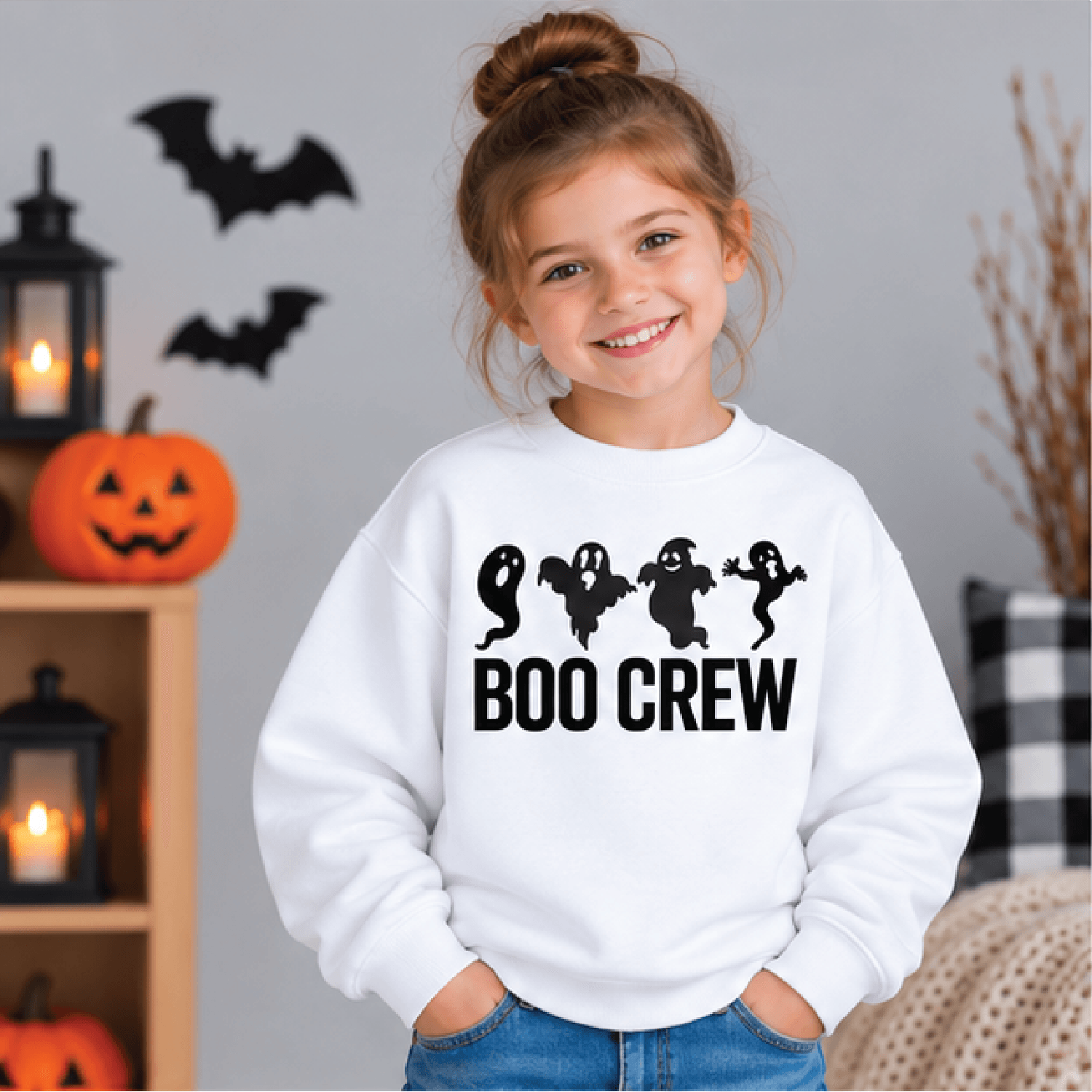 boo crew halloween sweatshirt, kids youth unisex ghost crewneck, cute spooky ghosts retro halloween fall sweater gift