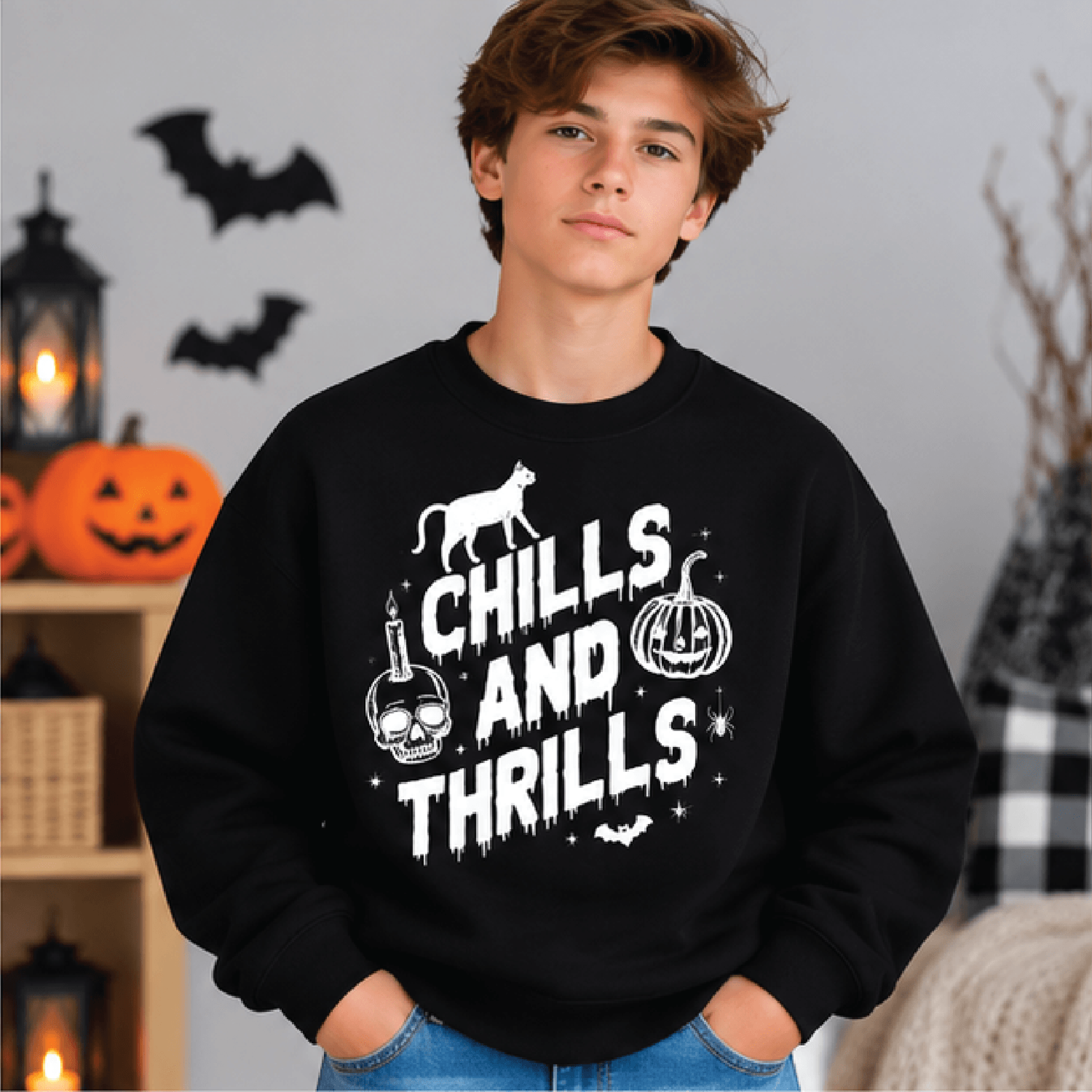 chills and thrills halloween sweatshirt, kids youth unisex spooky crewneck, retro ghost skeleton fall sweater, halloween