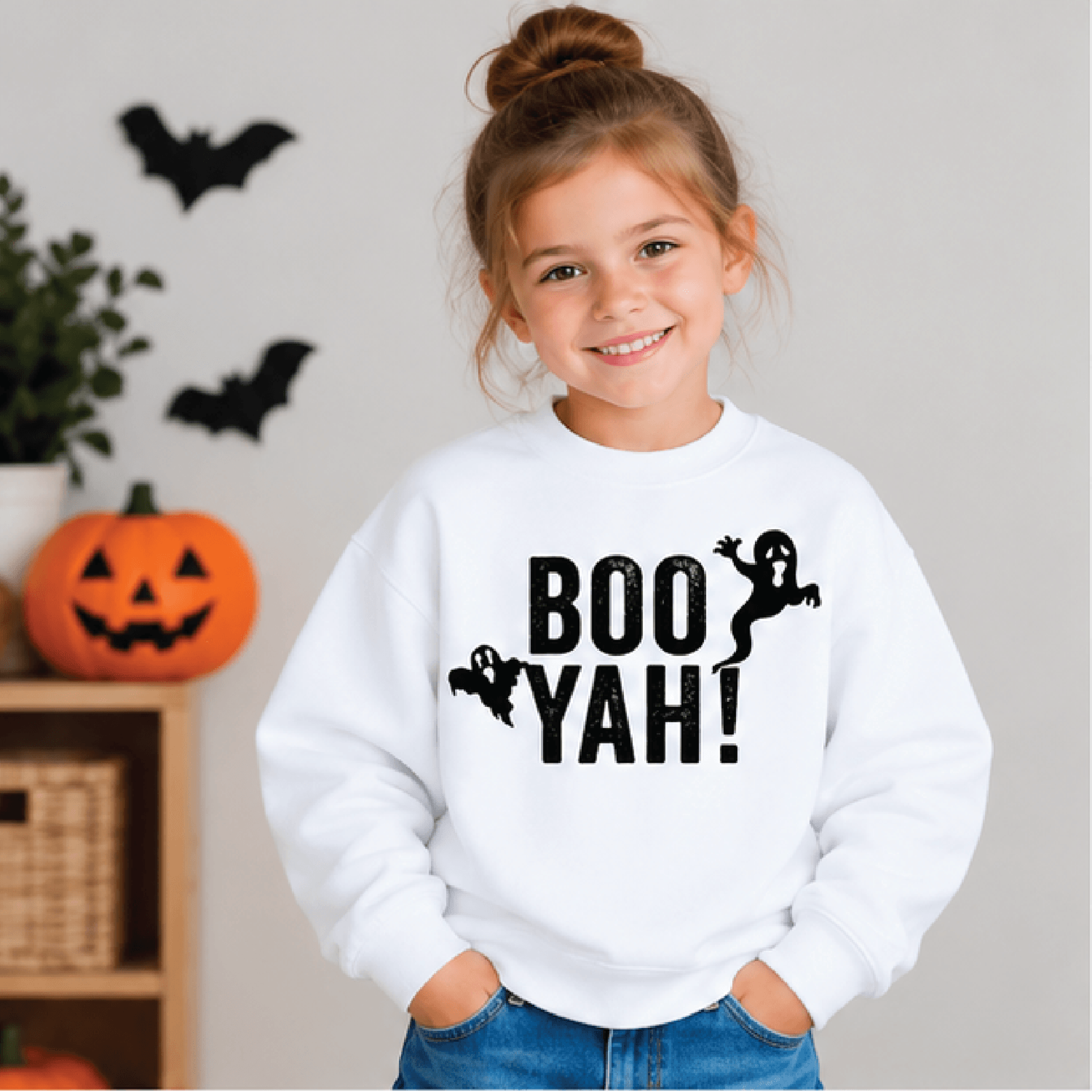 boo yah halloween sweatshirt, kids youth unisex ghost crewneck, cute spooky boo sweater, trick or treat fall halloween g