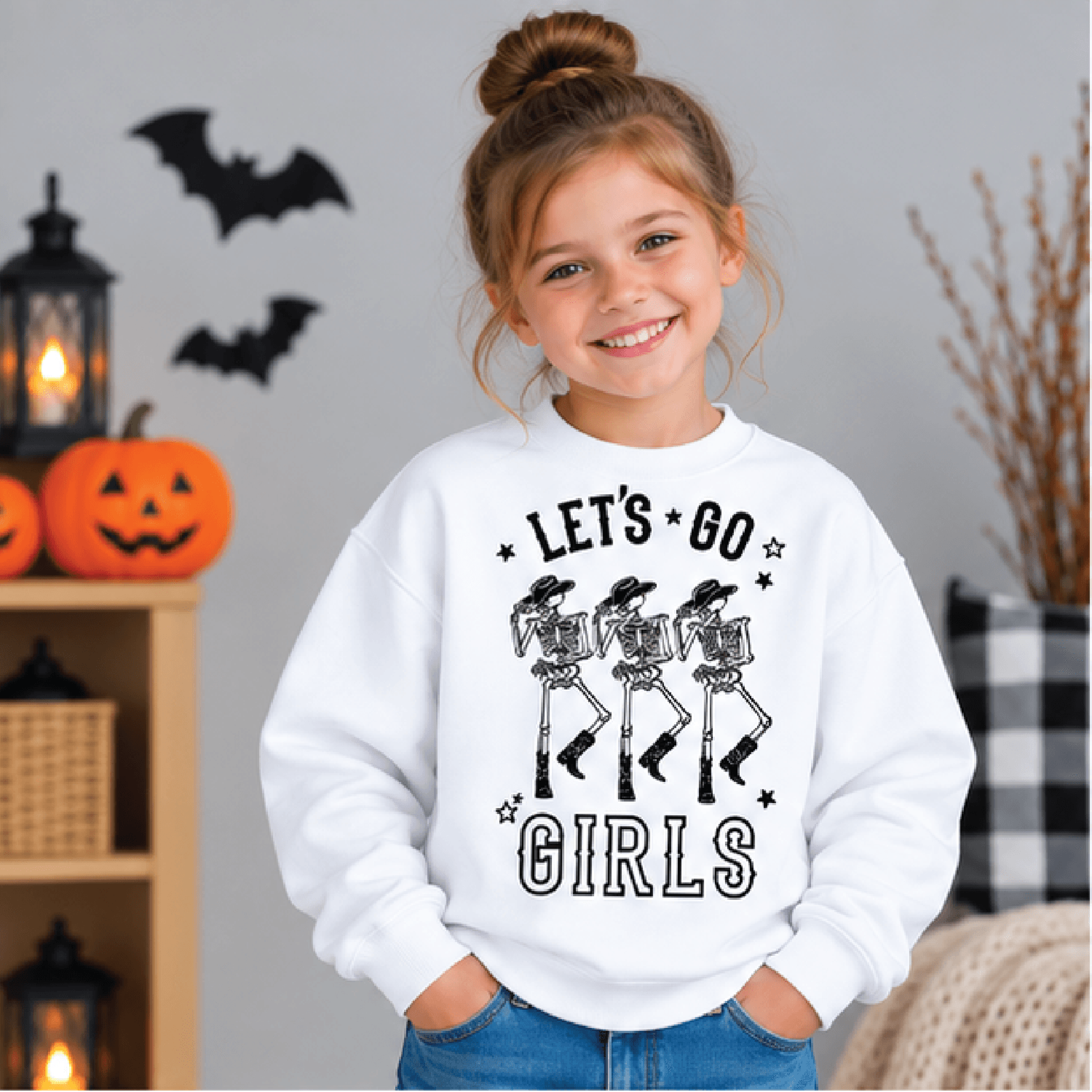 cowgirl skellies halloween sweatshirt, kids youth unisex western skeleton crewneck, let's go girls spooky fall sweater