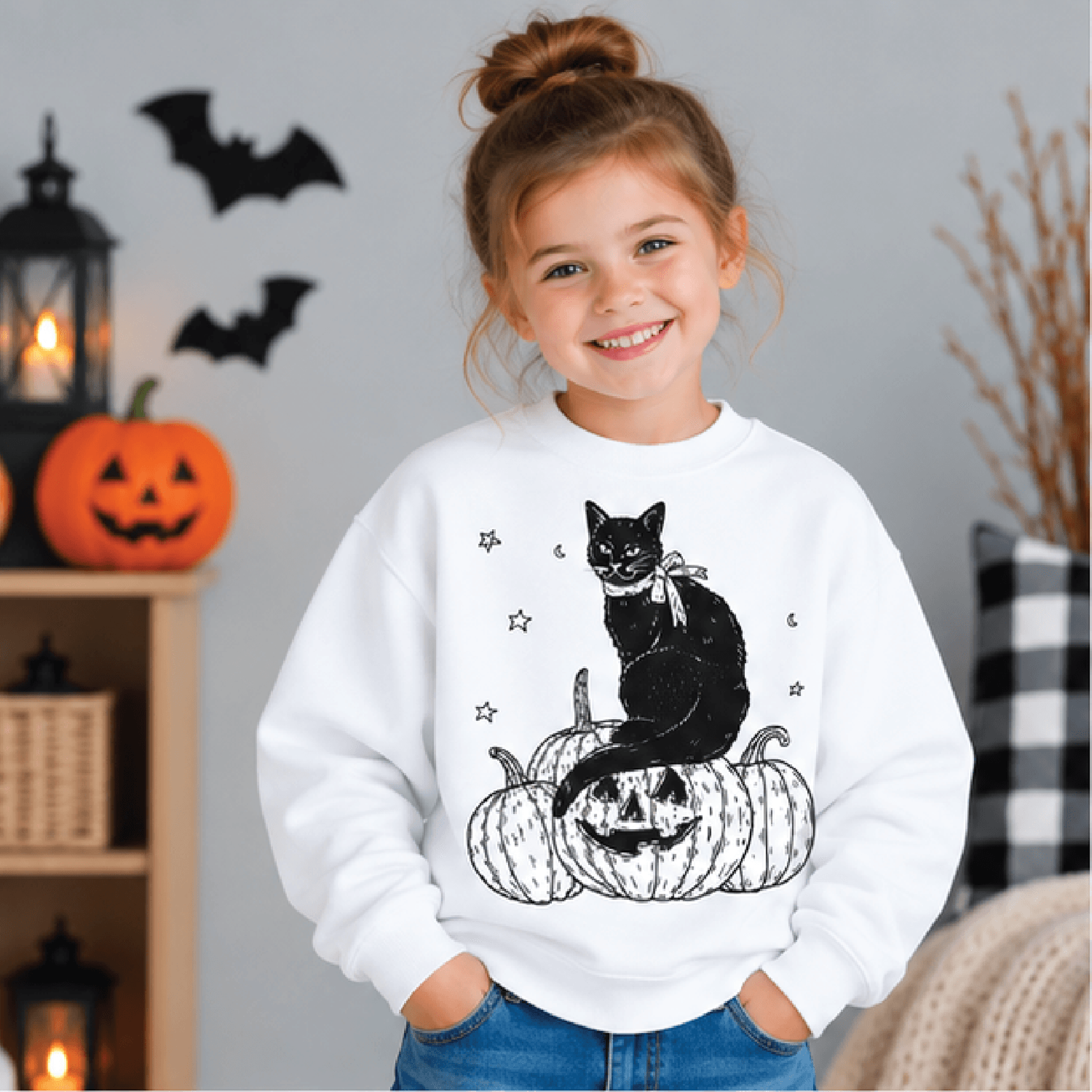 black cat on the prowl halloween sweatshirt, kids youth unisex pumpkin cat crewneck, spooky fall black cat sweater gift