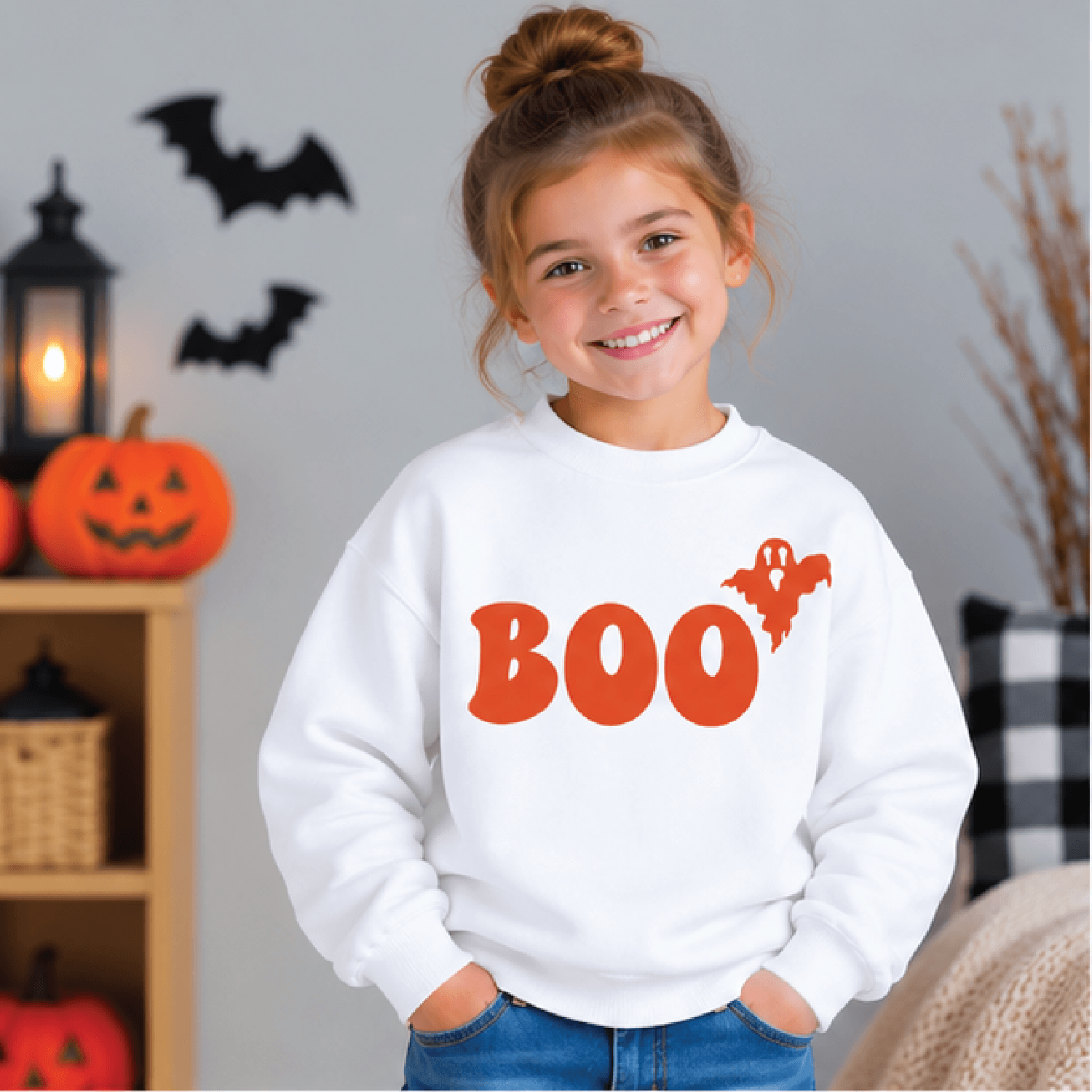 boo ghost halloween sweatshirt, kids youth unisex spooky crewneck, cute retro boo ghost fall sweater, trick or treat gif