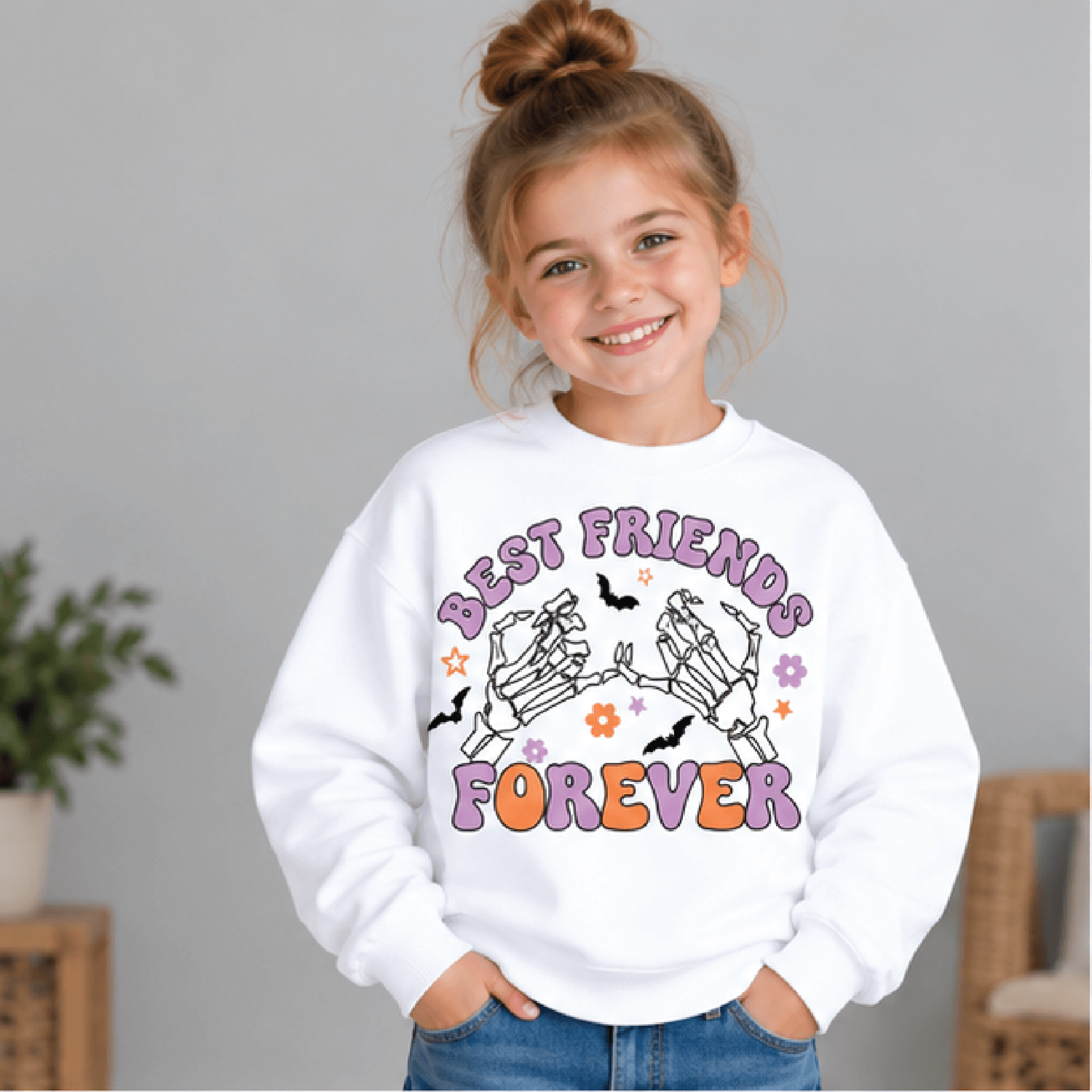 best friends forever halloween sweatshirt, kids youth unisex skeleton pinky promise crewneck, spooky bff fall sweater gi