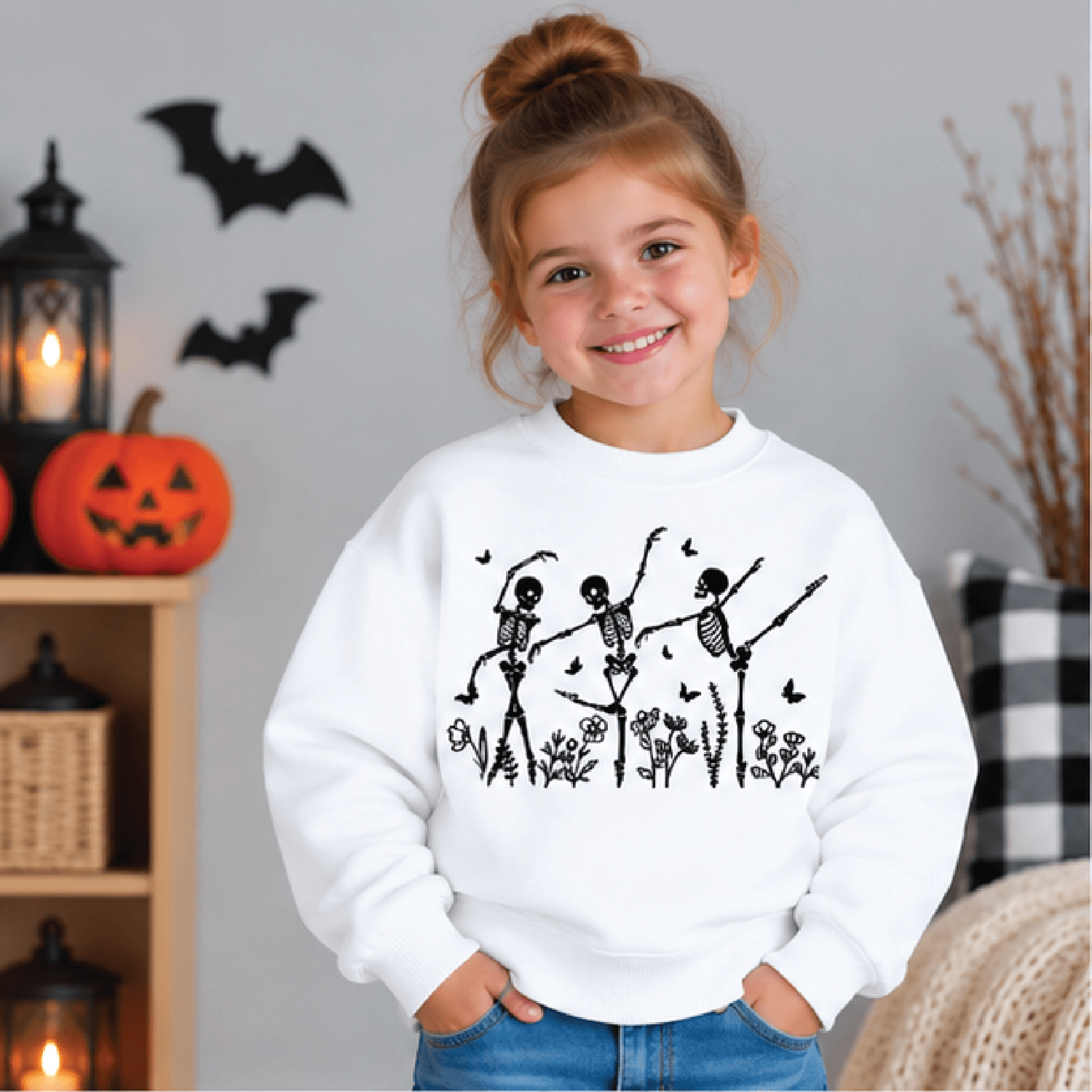 ballerina skellies halloween sweatshirt, kids youth unisex dancing skeleton crewneck, spooky ballet fall sweater gift