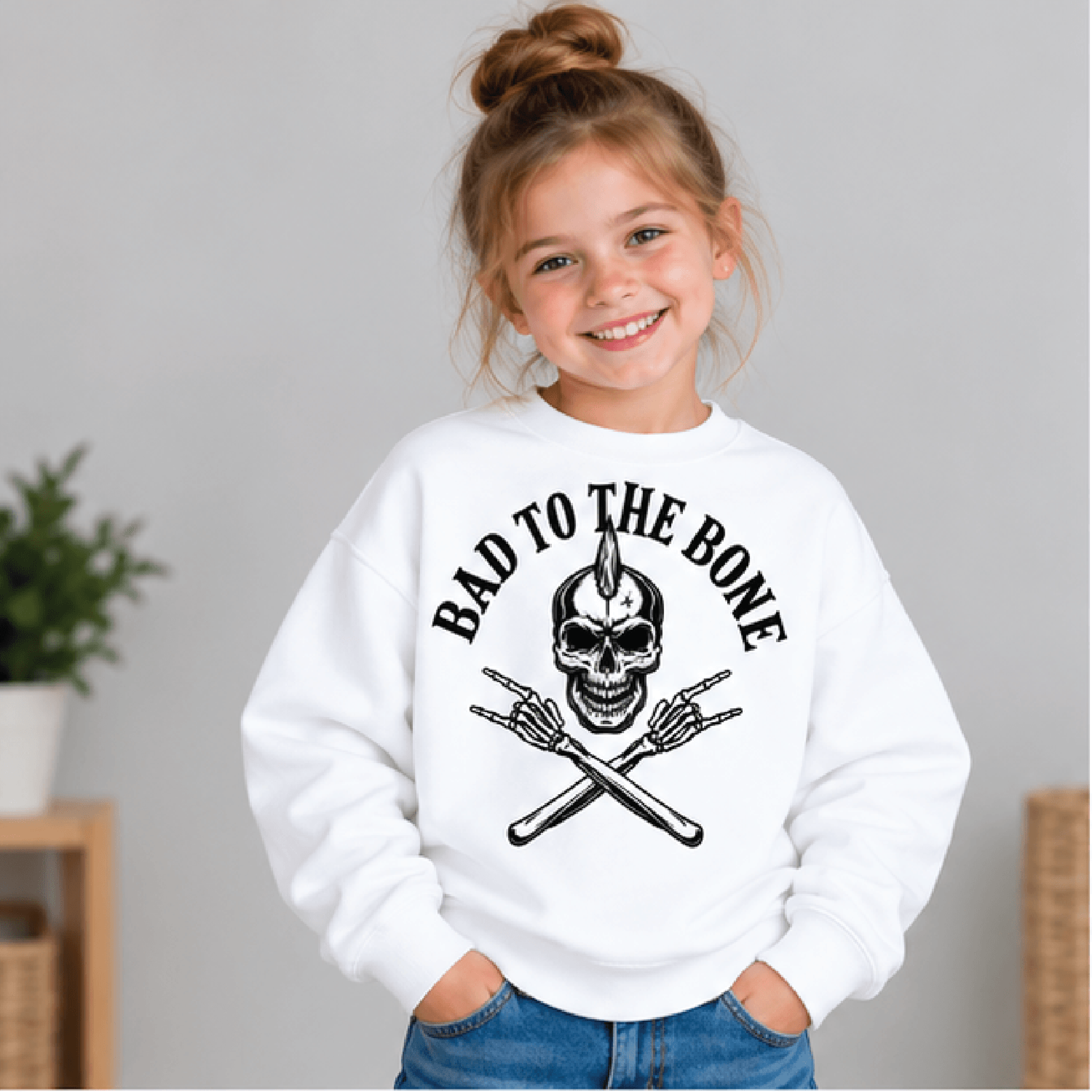 bad to the bone halloween sweatshirt, kids youth unisex skull crewneck, rock and roll skeleton spooky fall sweater gift