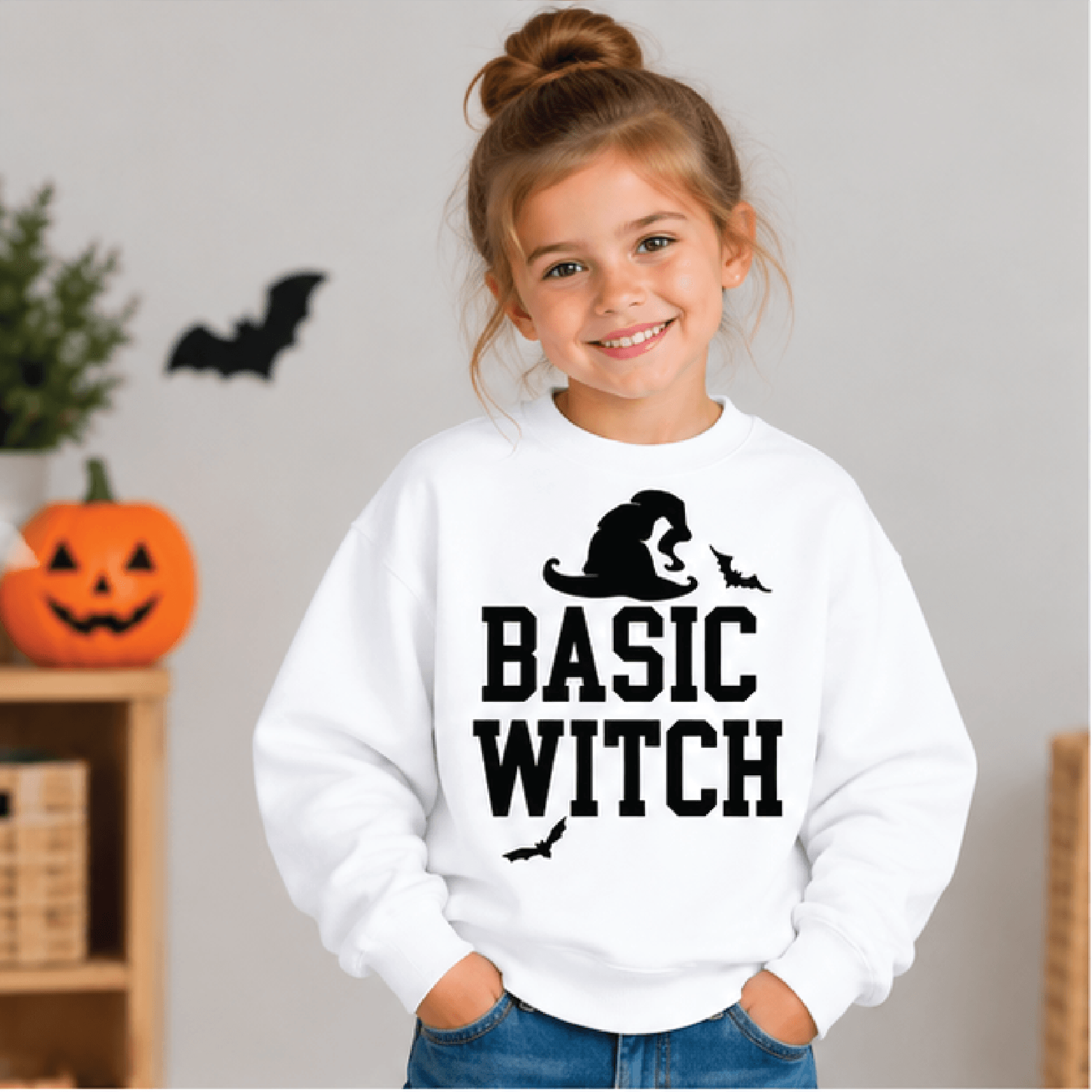 basic witch halloween sweatshirt, kids youth unisex witch hat crewneck, spooky bats fall sweater, trick or treat gift