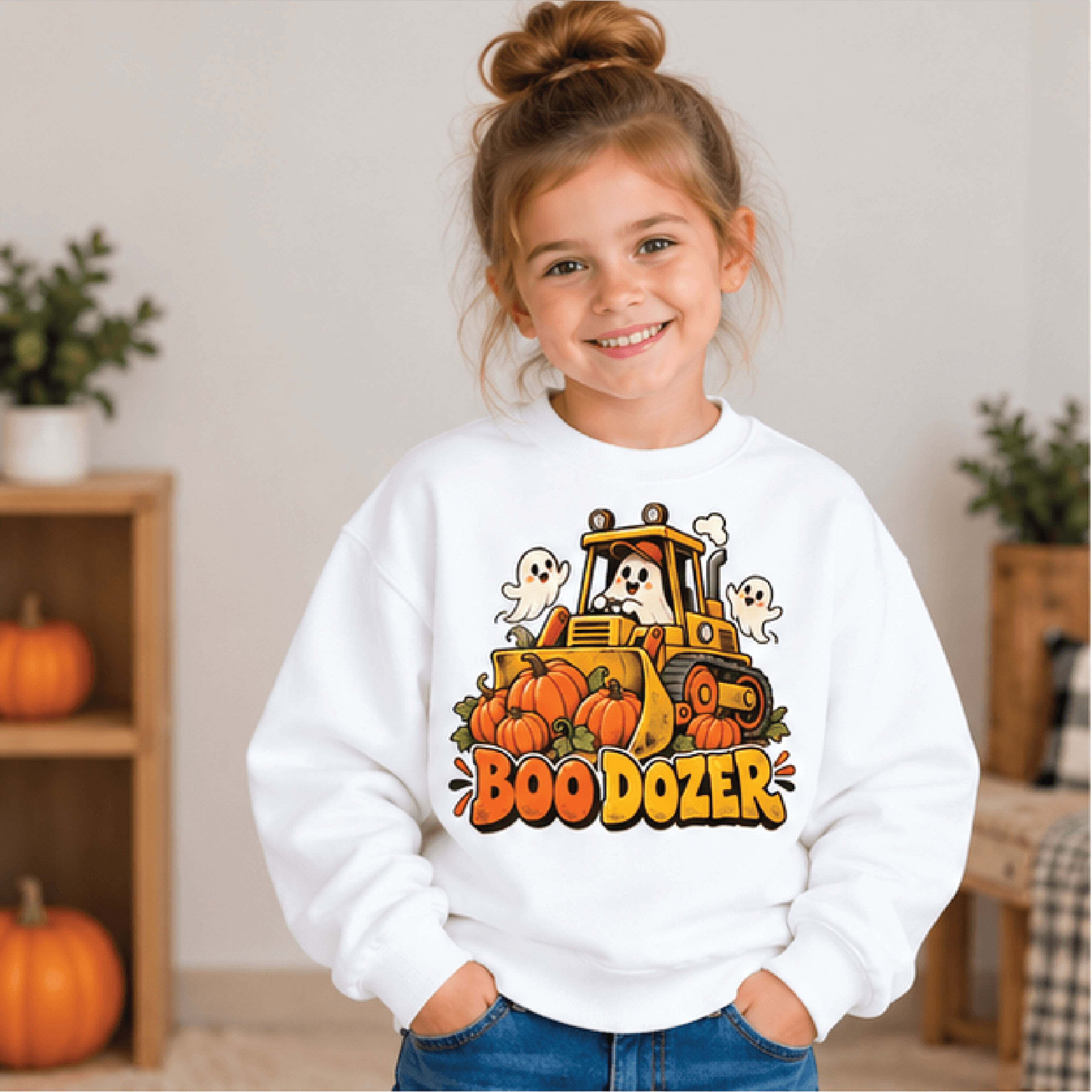 halloween construction sweatshirt, kids youth unisex spooky excavator crewneck, ghost pumpkin construction vehicle sweat