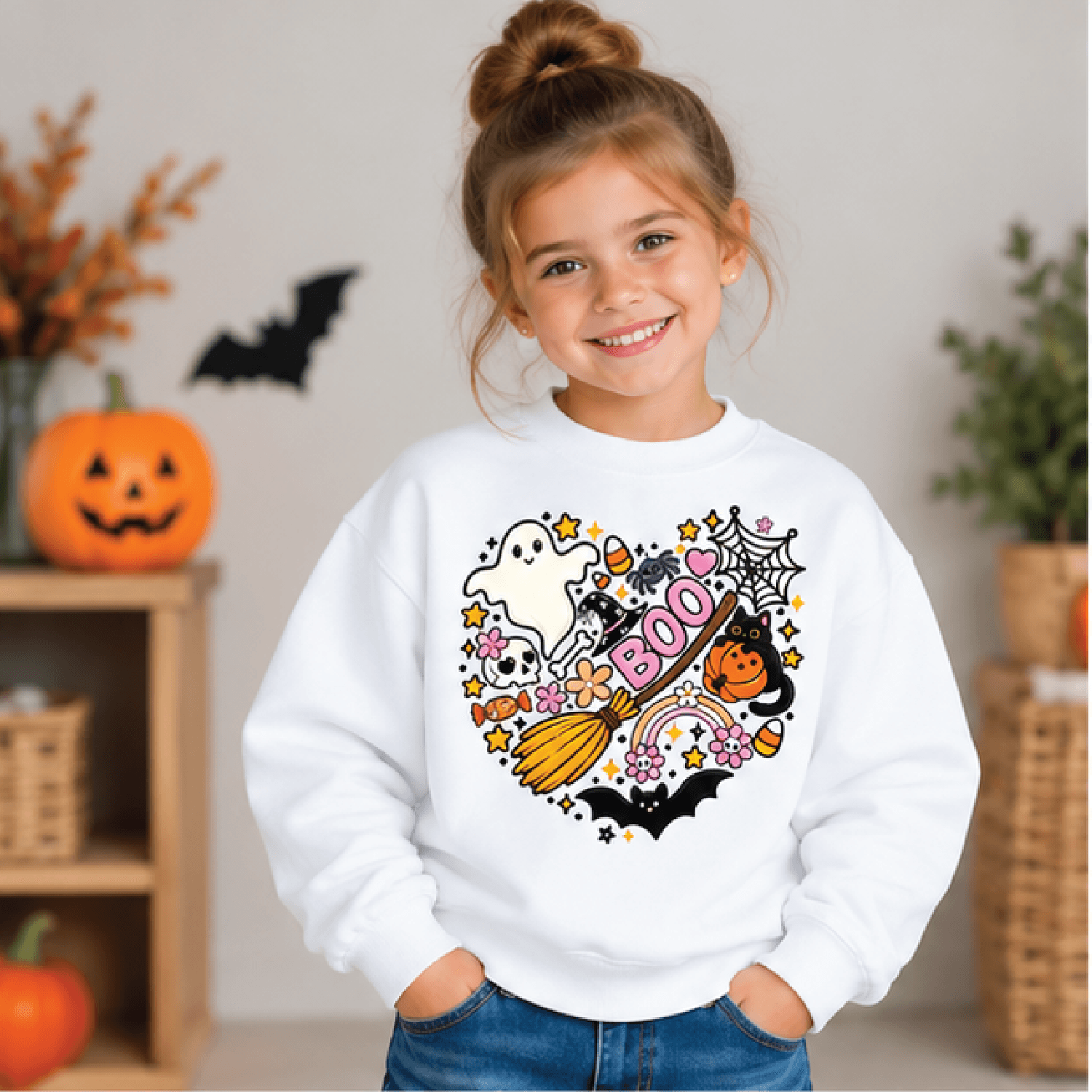 boo ghost halloween sweatshirt, kids youth unisex black cat pumpkin crewneck, cute spooky halloween heart sweater gift