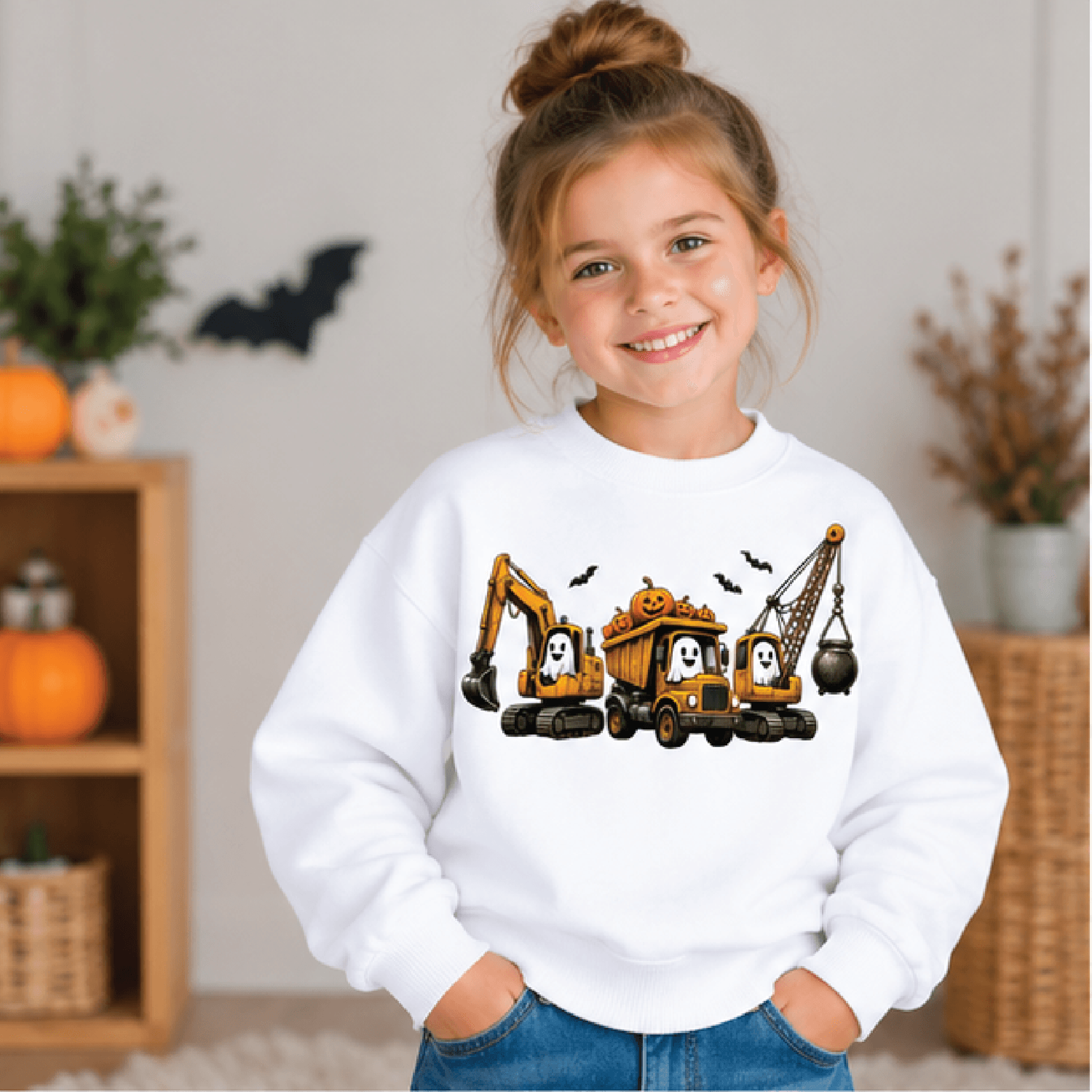 halloween construction sweatshirt, kids youth unisex spooky excavator crewneck, ghost pumpkin digger fall sweater gift