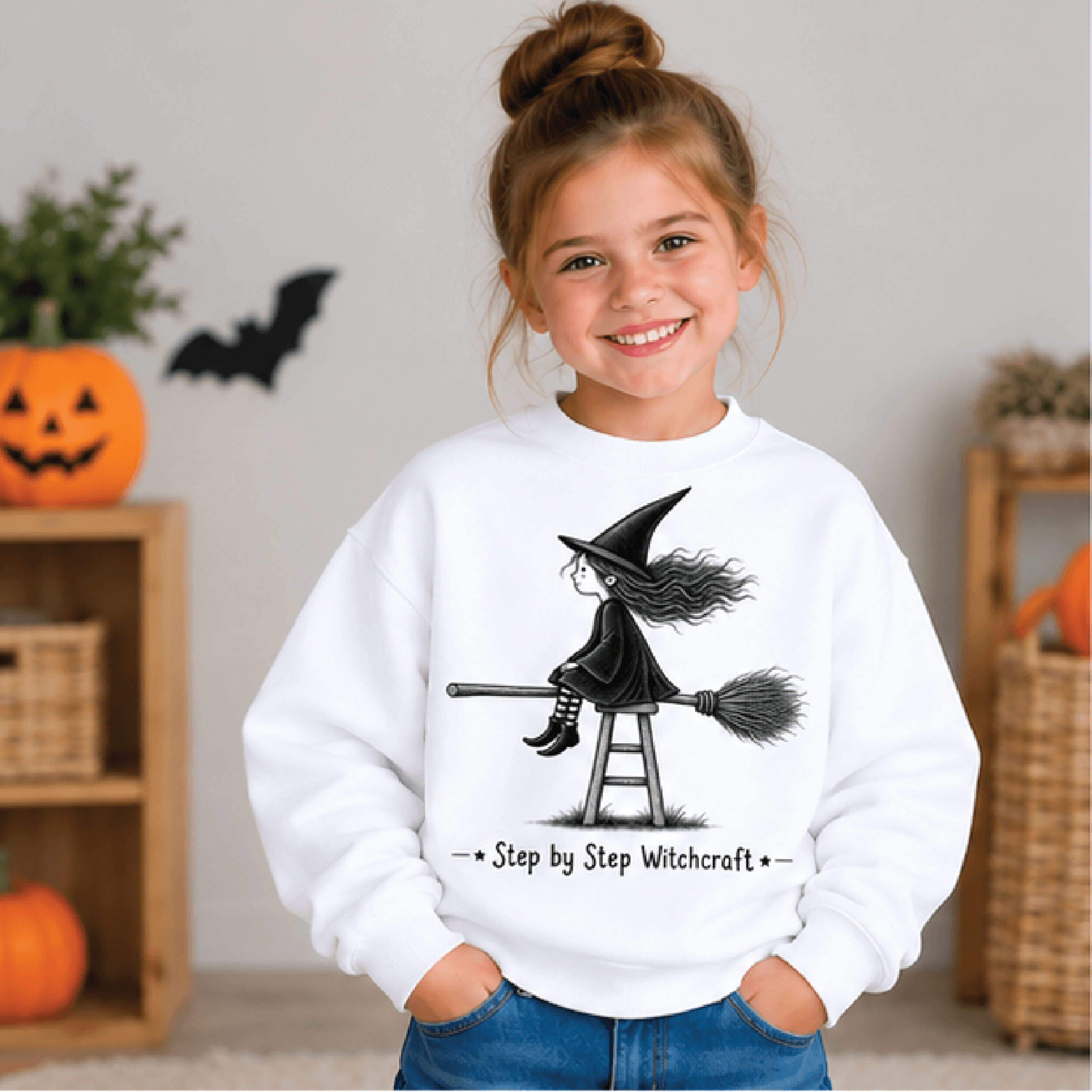 little witch halloween sweatshirt, kids youth unisex cute witch crewneck, witch broom spooky season fall sweater gift