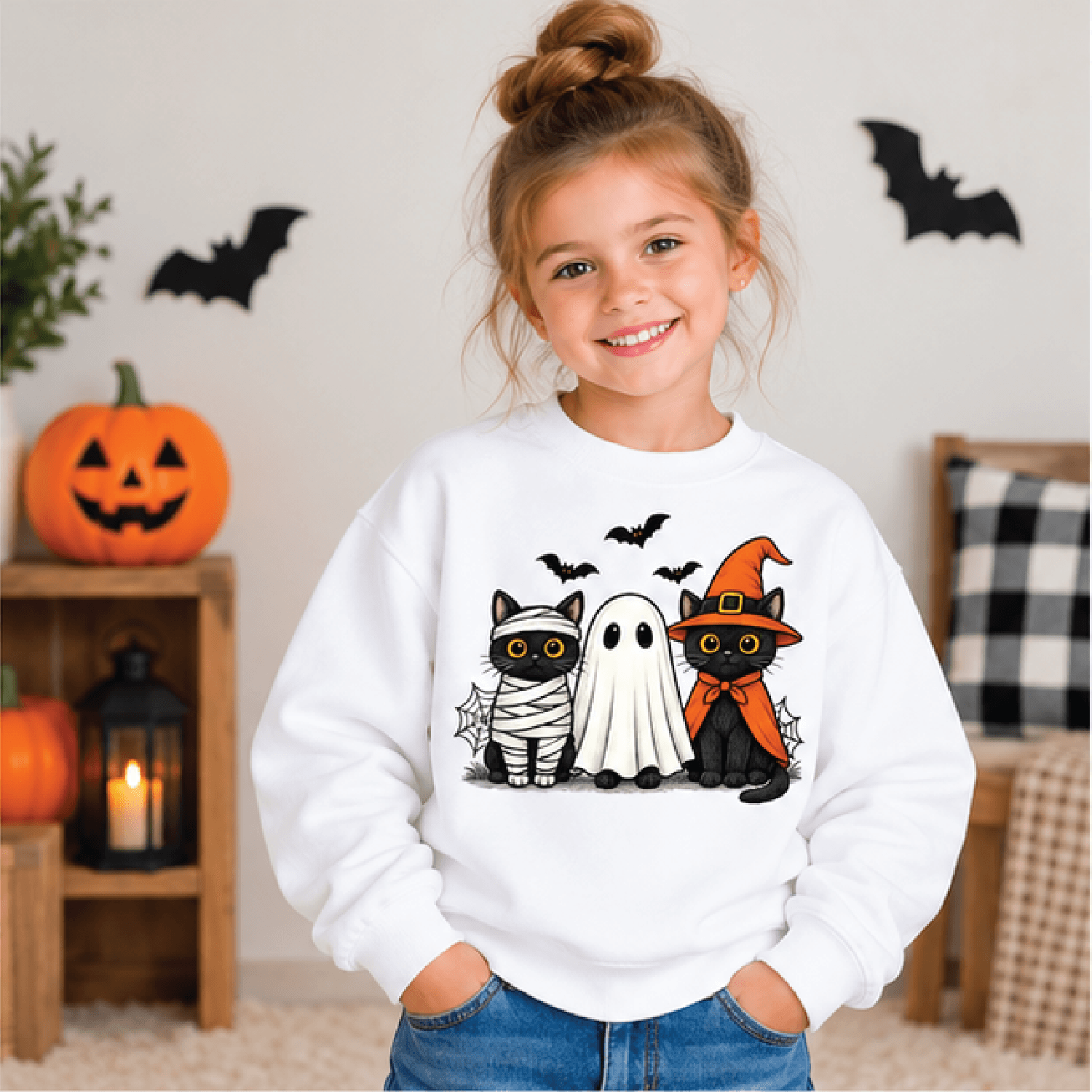 black cat halloween sweatshirt, kids youth unisex spooky kitty crewneck, cute halloween cat fall sweater, cat lover gift