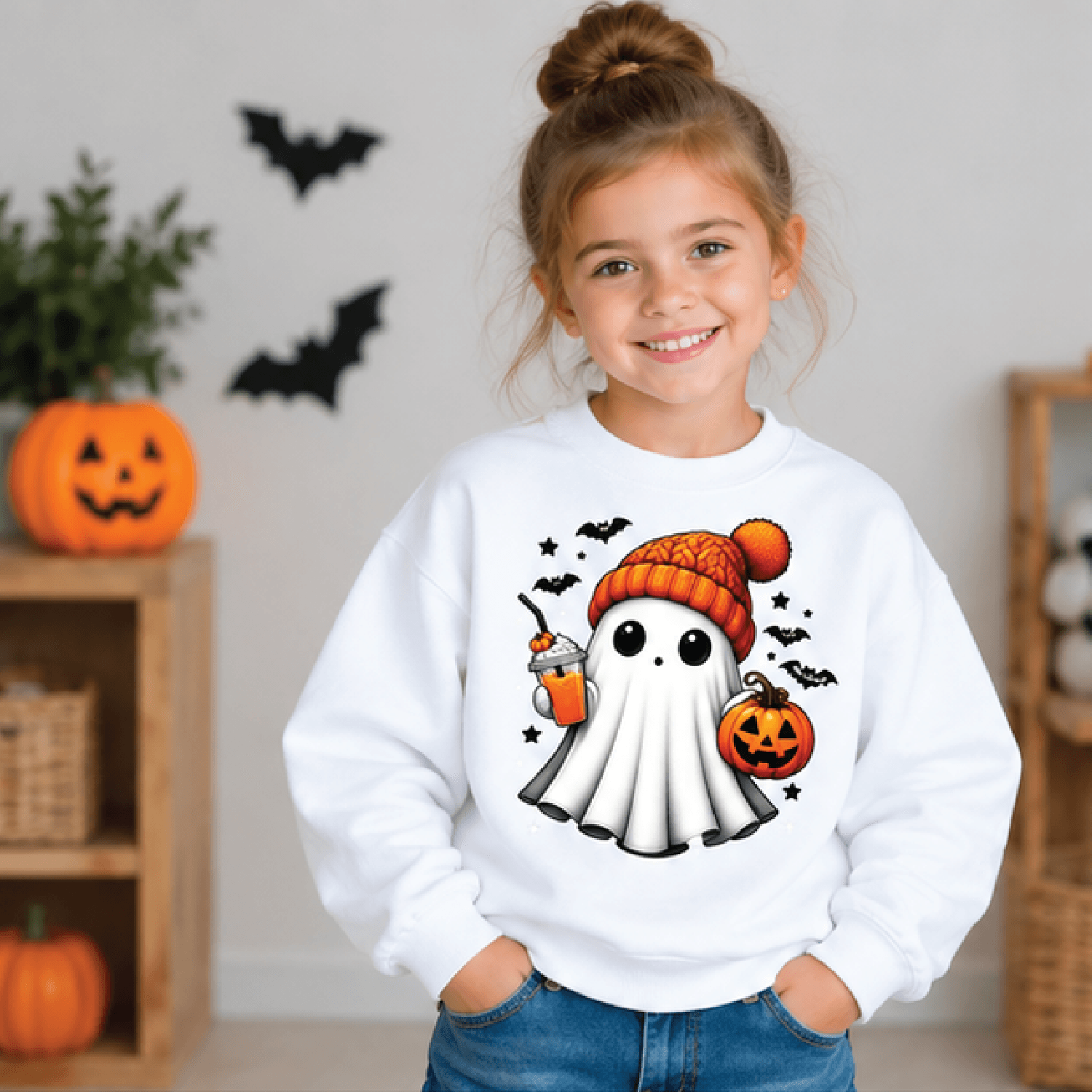 cute ghost halloween sweatshirt, kids youth unisex spooky ghost crewneck, retro boo fall sweater, trick or treat hallowe