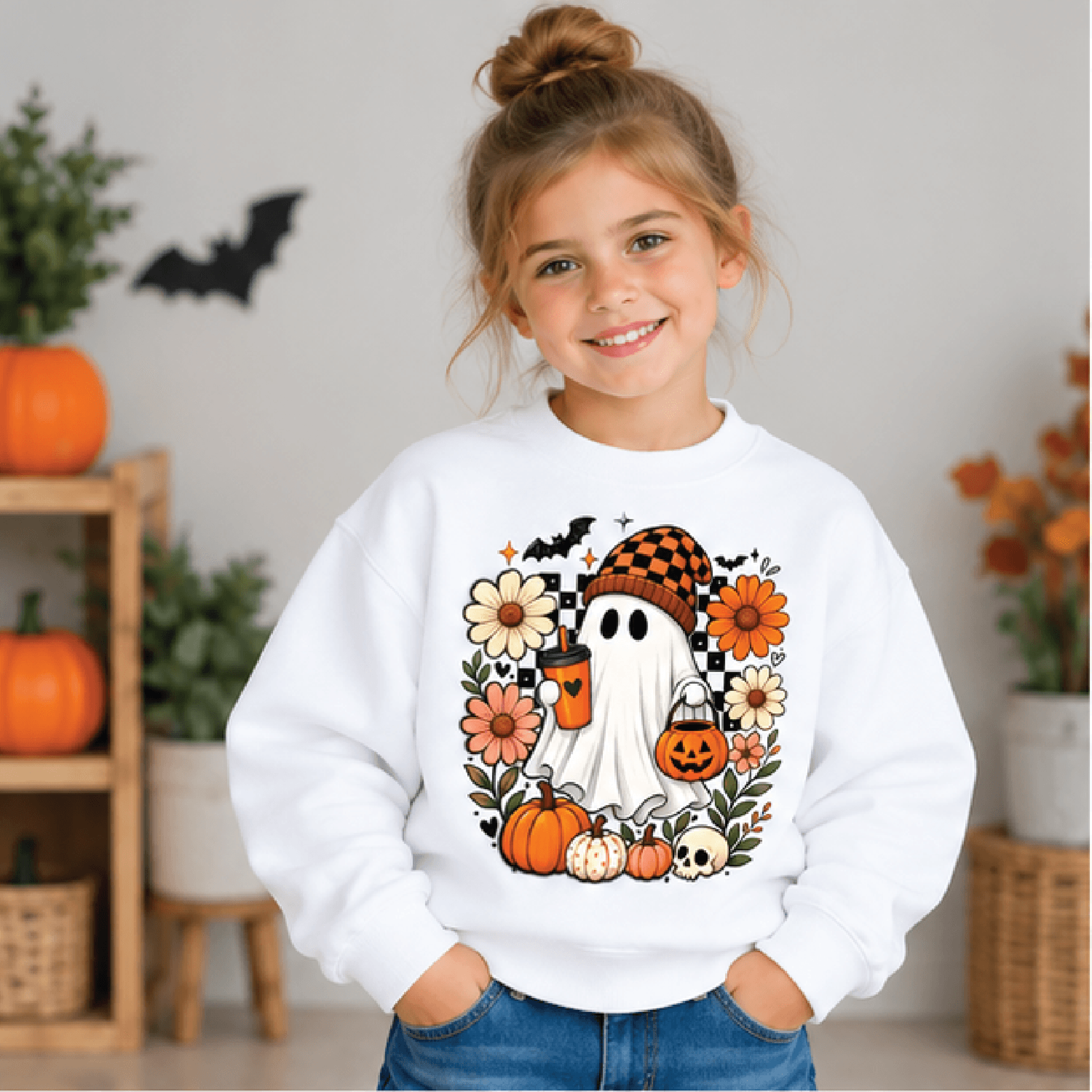 pumpkin ghost halloween sweatshirt, kids youth unisex cute ghost crewneck, spooky fall pumpkin sweater, halloween gift