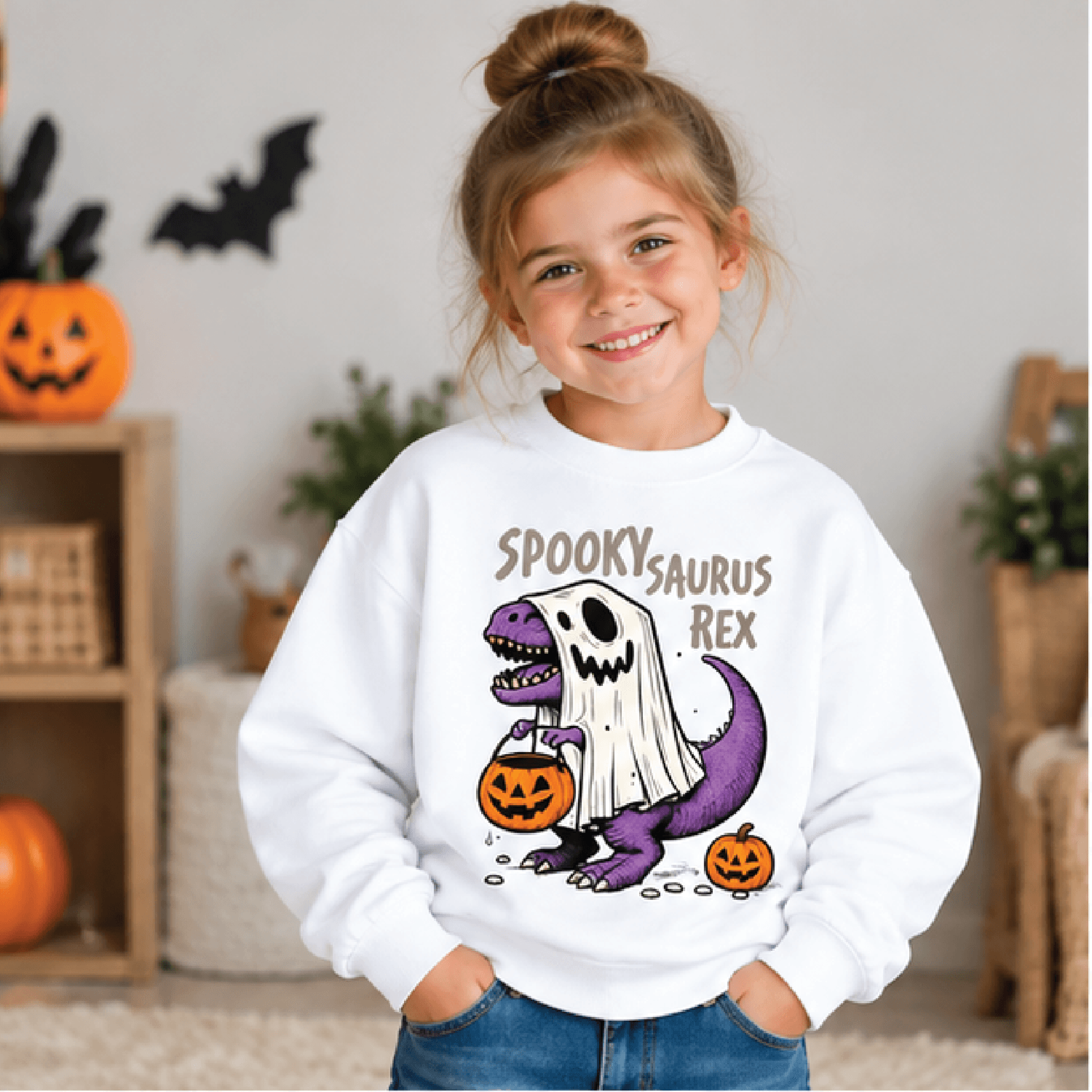 spooky saurus rex halloween sweatshirt, kids youth unisex t-rex skeleton crewneck, dinosaur spooky season sweater gift