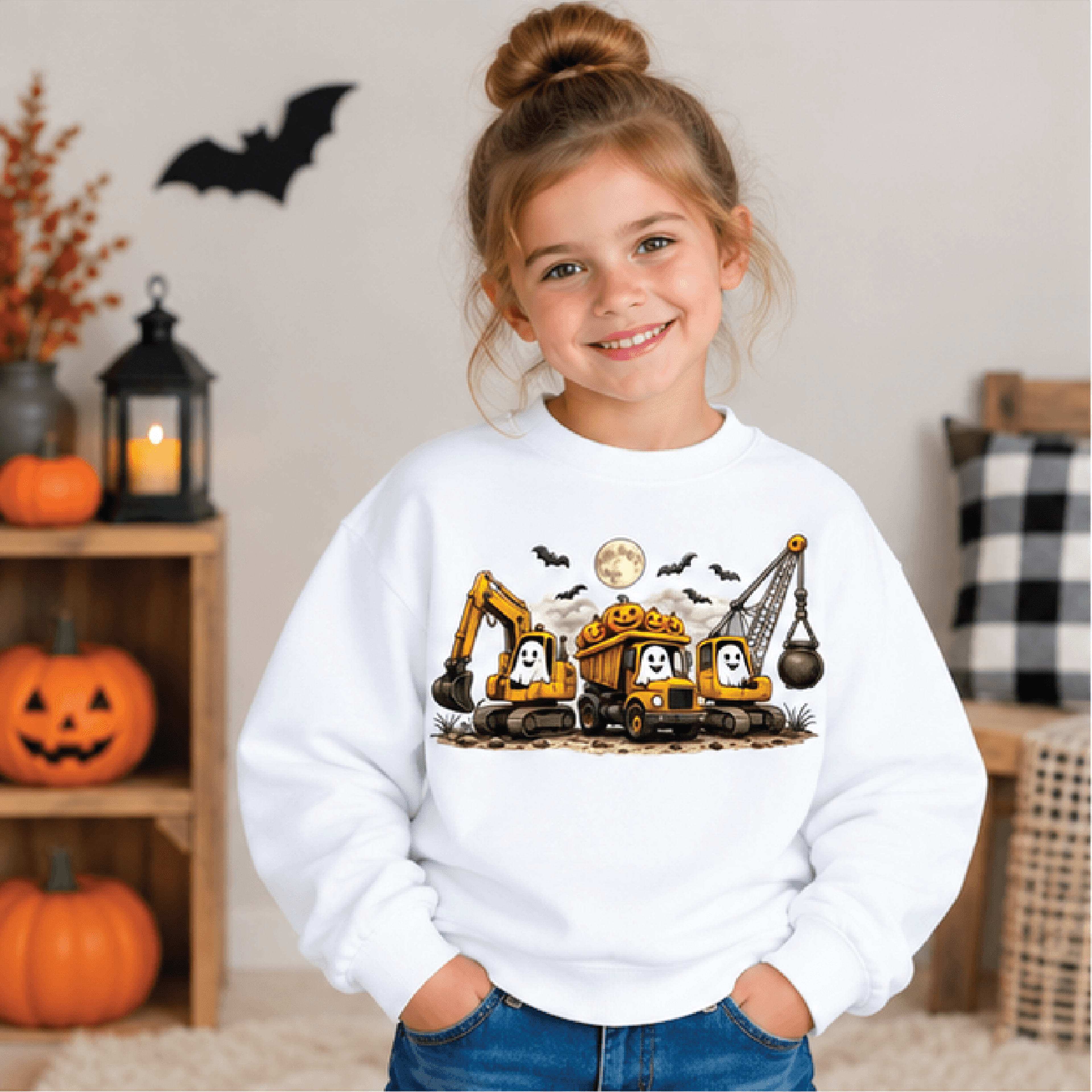 halloween construction sweatshirt, kids youth unisex spooky construction crewneck, pumpkin truck fall sweater, halloween