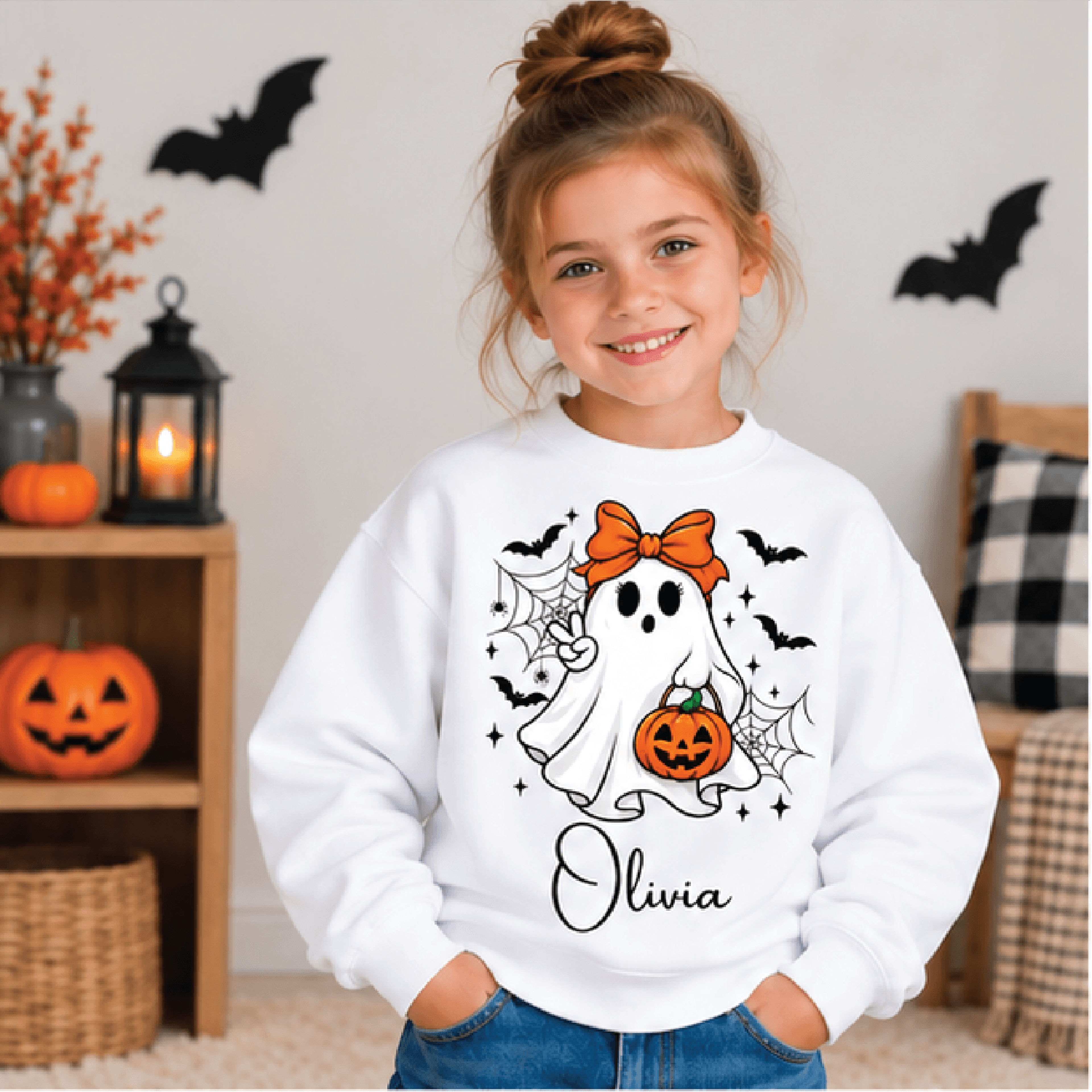 personalized ghost halloween sweatshirt, kids youth unisex custom name crewneck, cute pumpkin ghost spooky season sweate