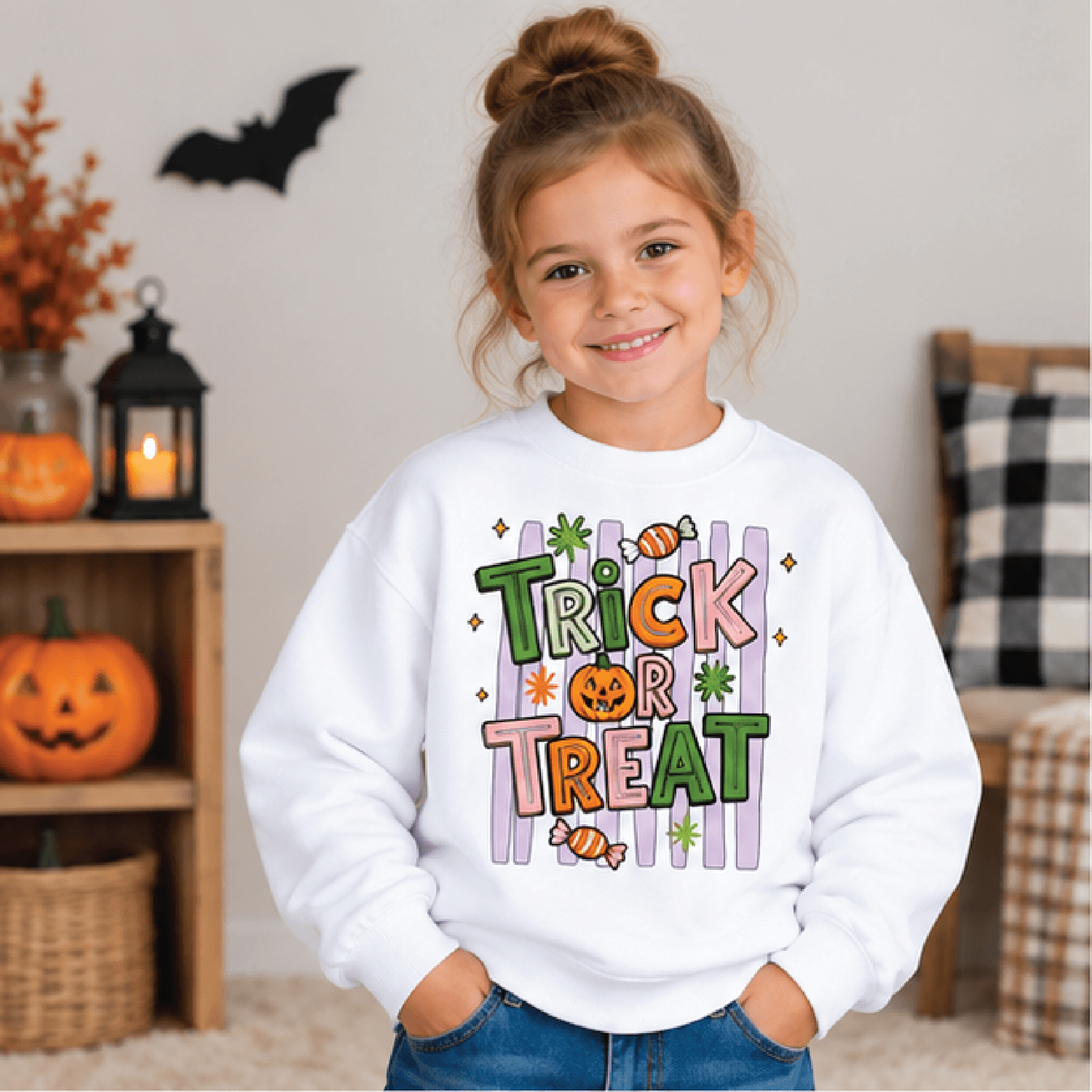 trick or treat halloween sweatshirt, kids youth unisex spooky ghost crewneck, cute pumpkin candy fall sweater, halloween