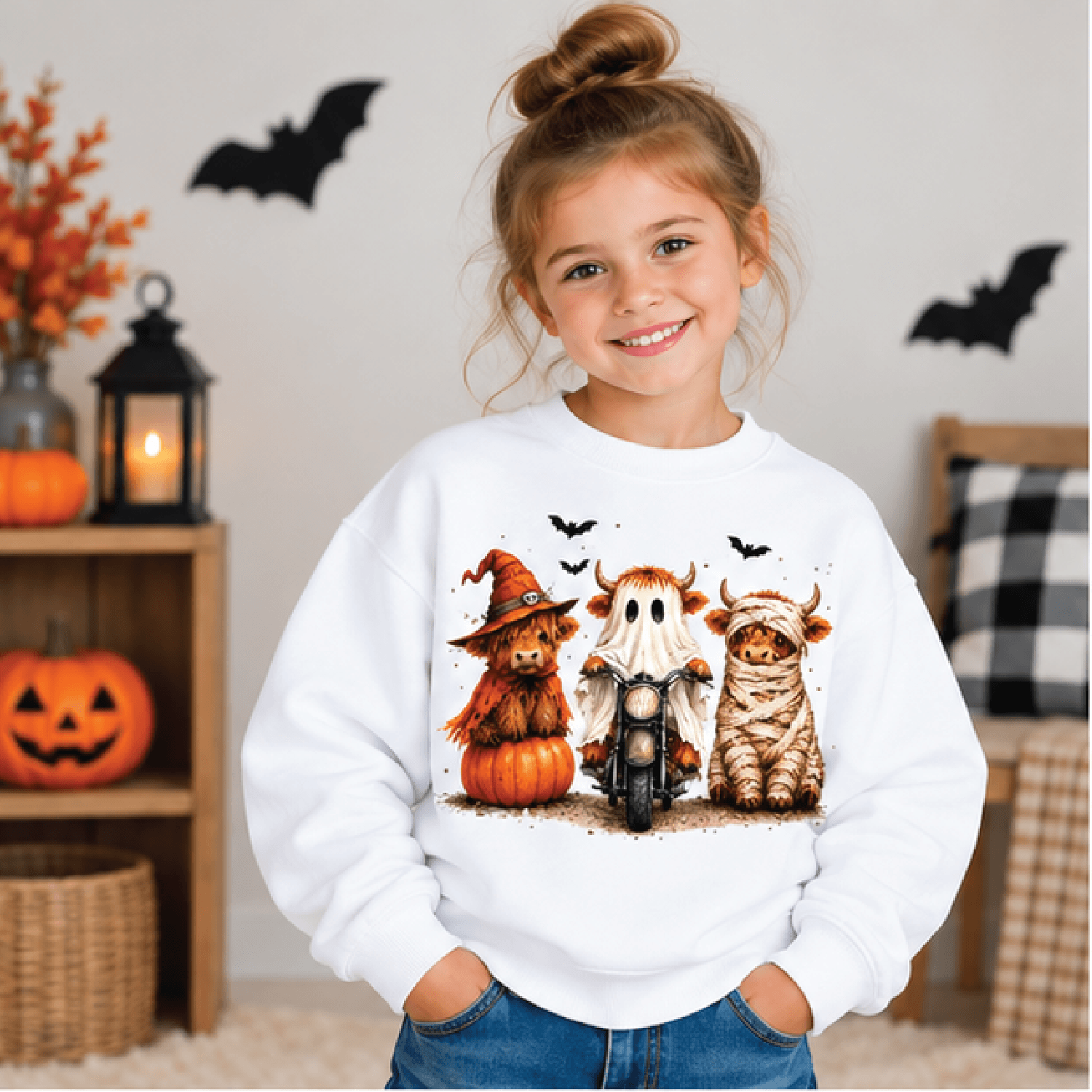 highland cow halloween sweatshirt, kids youth unisex spooky cow crewneck, cute pumpkin cow fall sweater, halloween gift