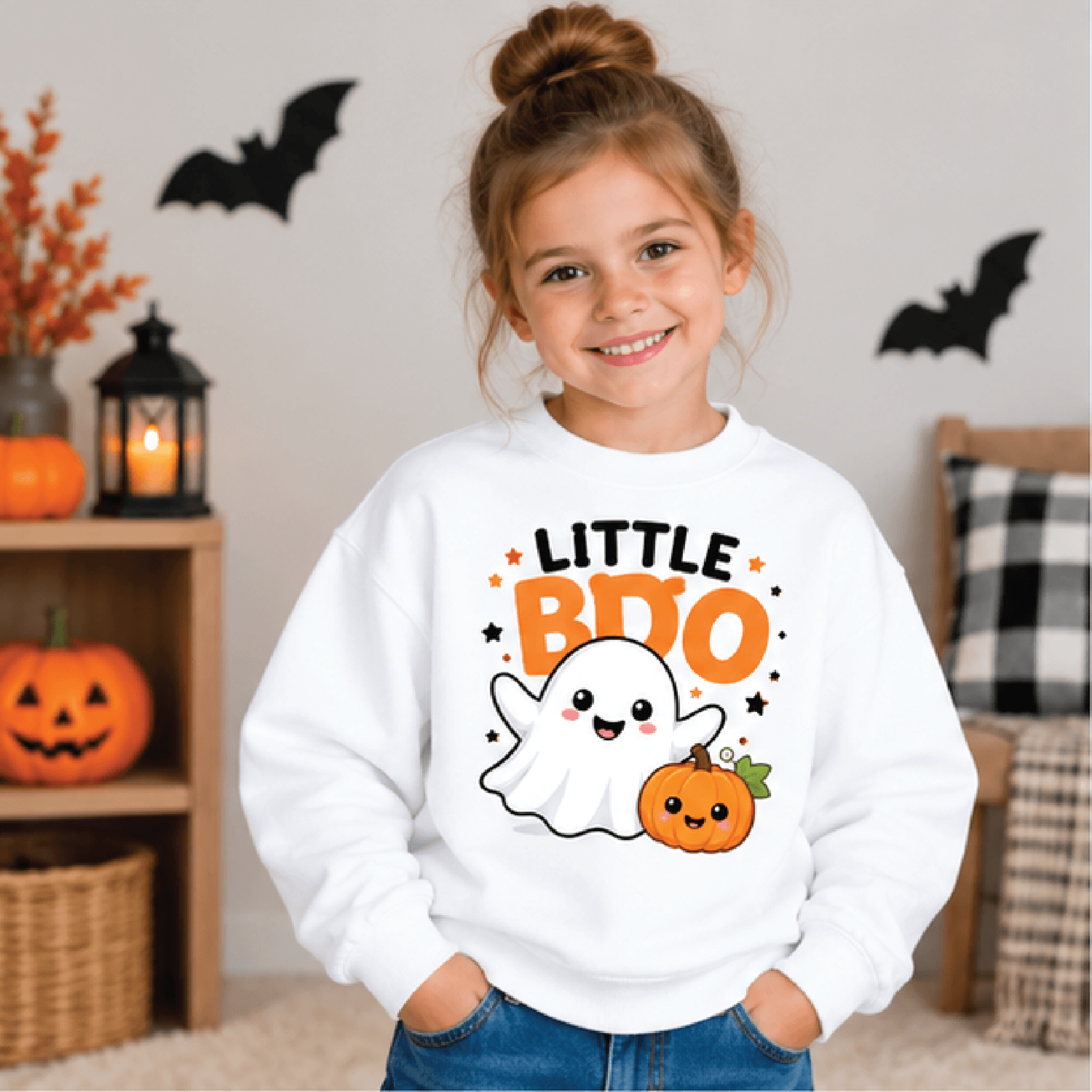 little boo halloween sweatshirt, kids youth unisex cute ghost crewneck, pumpkin spooky season fall sweater, halloween gi