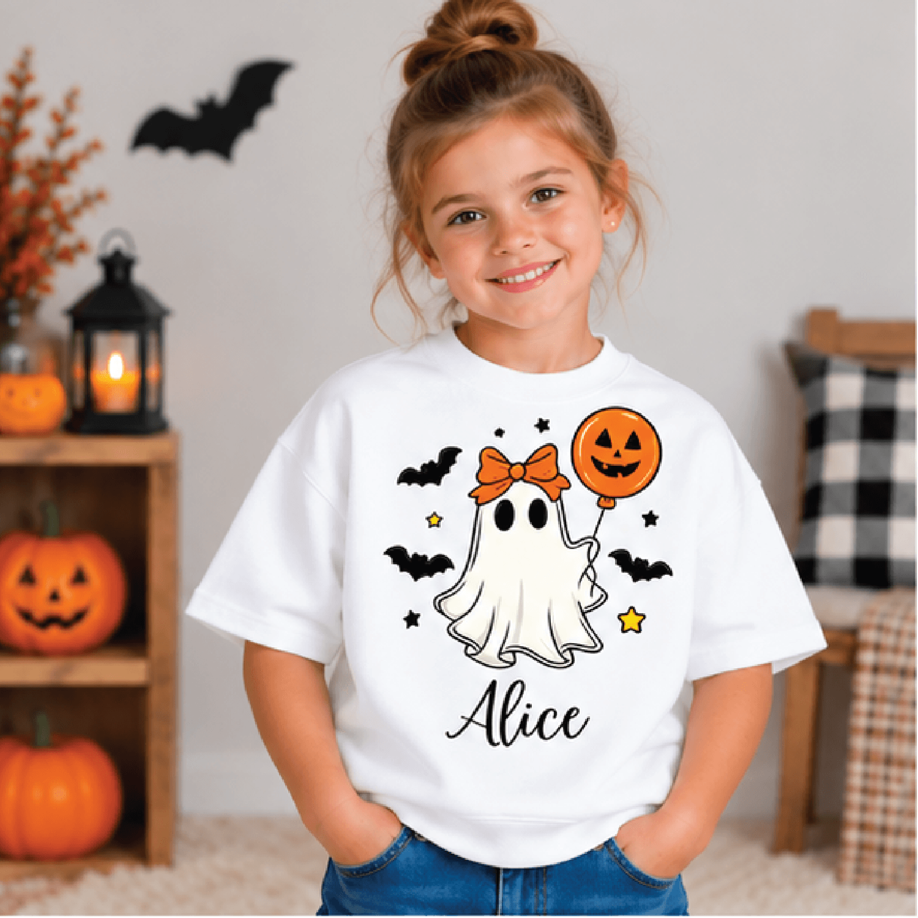 personalized ghost halloween sweatshirt, kids youth unisex custom name crewneck, cute spooky ghost fall sweater gift