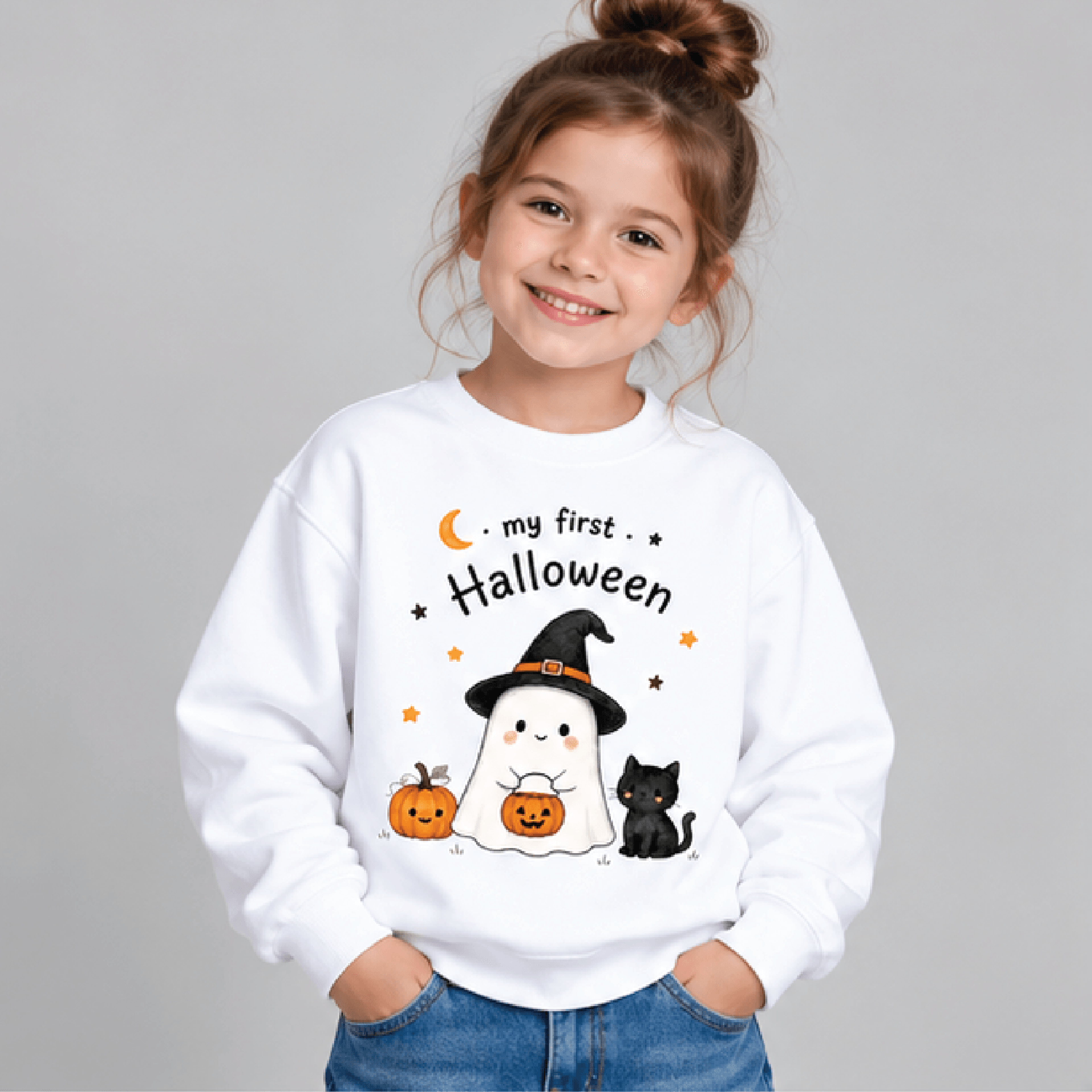 my first halloween sweatshirt, kids youth unisex cute ghost crewneck, witch hat black cat pumpkin spooky season sweater