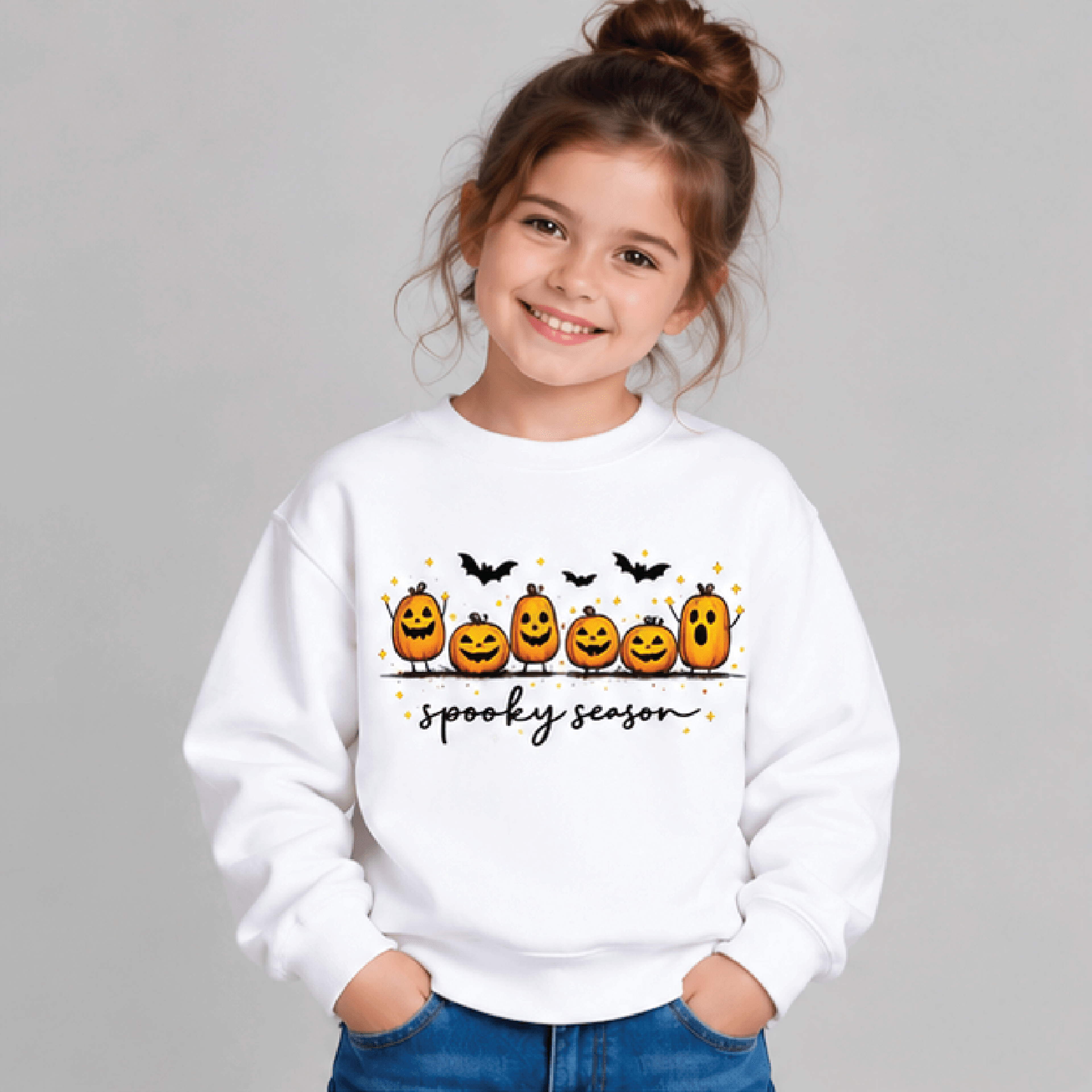 spooky season pumpkin halloween sweatshirt, kids youth unisex cute jack o lantern crewneck, retro pumpkin fall sweater g