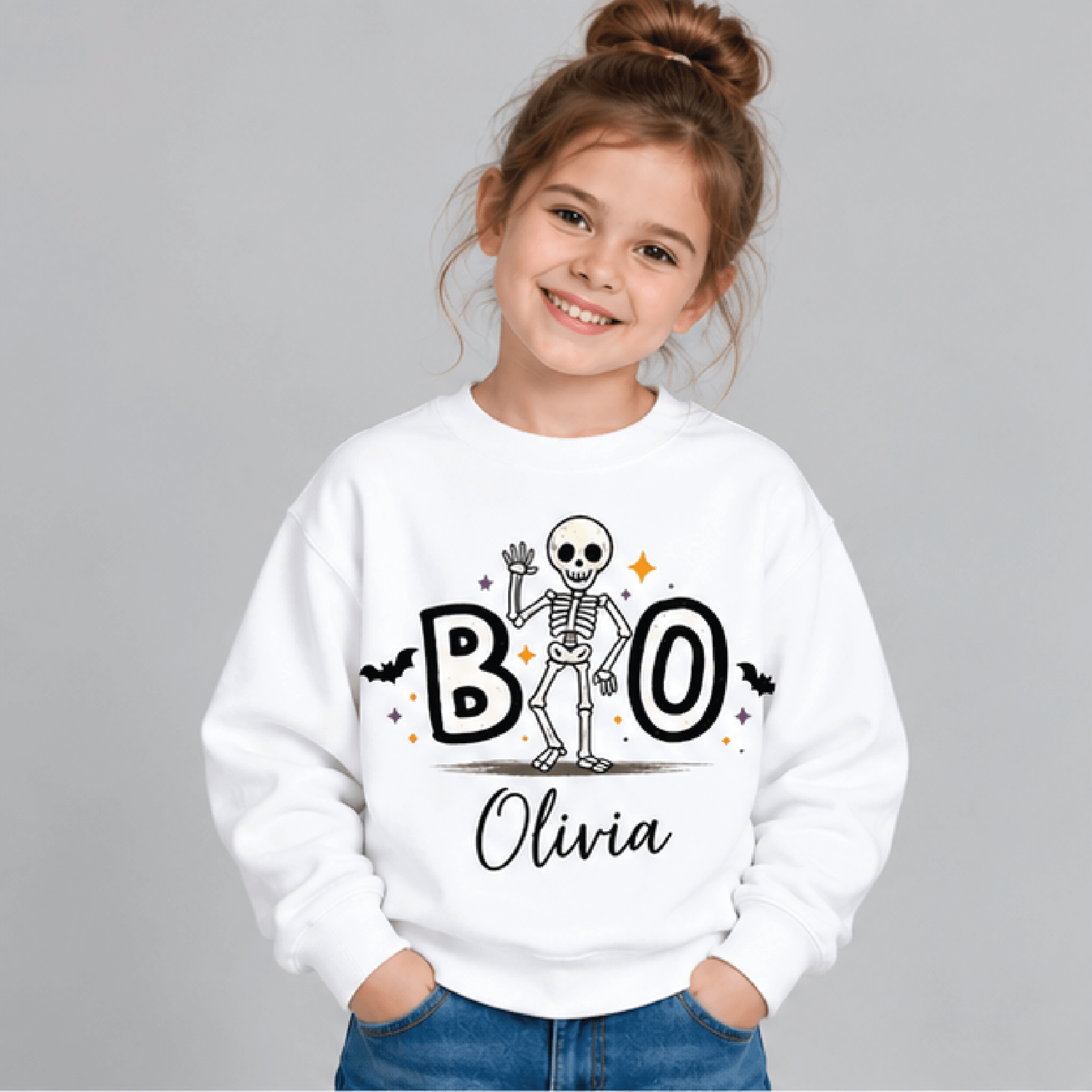 personalized boo skeleton halloween sweatshirt, kids youth unisex custom name crewneck, cute spooky skeleton fall sweate