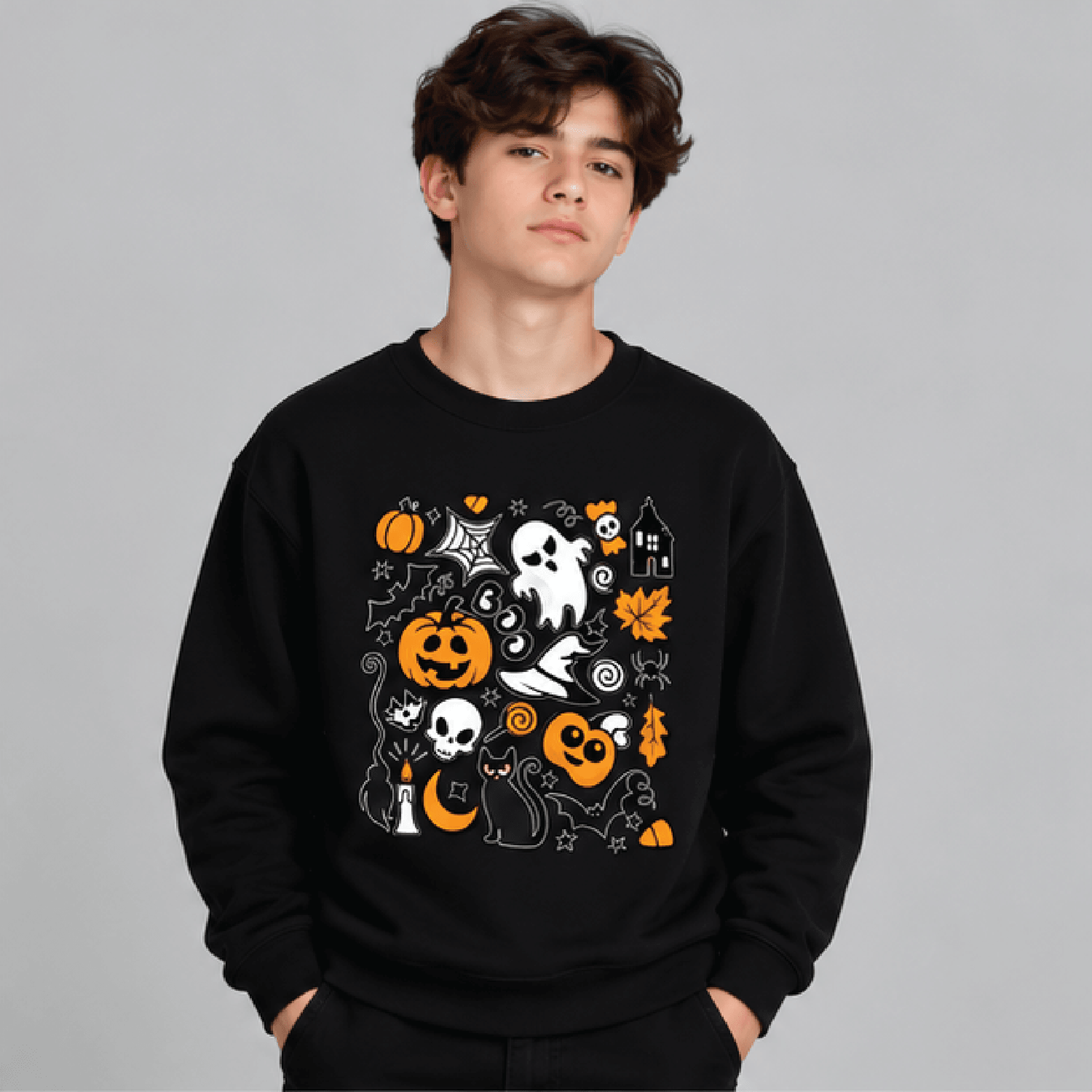 cute ghost pumpkin halloween sweatshirt, kids youth unisex spooky ghost crewneck, jack o lantern fall sweater halloween