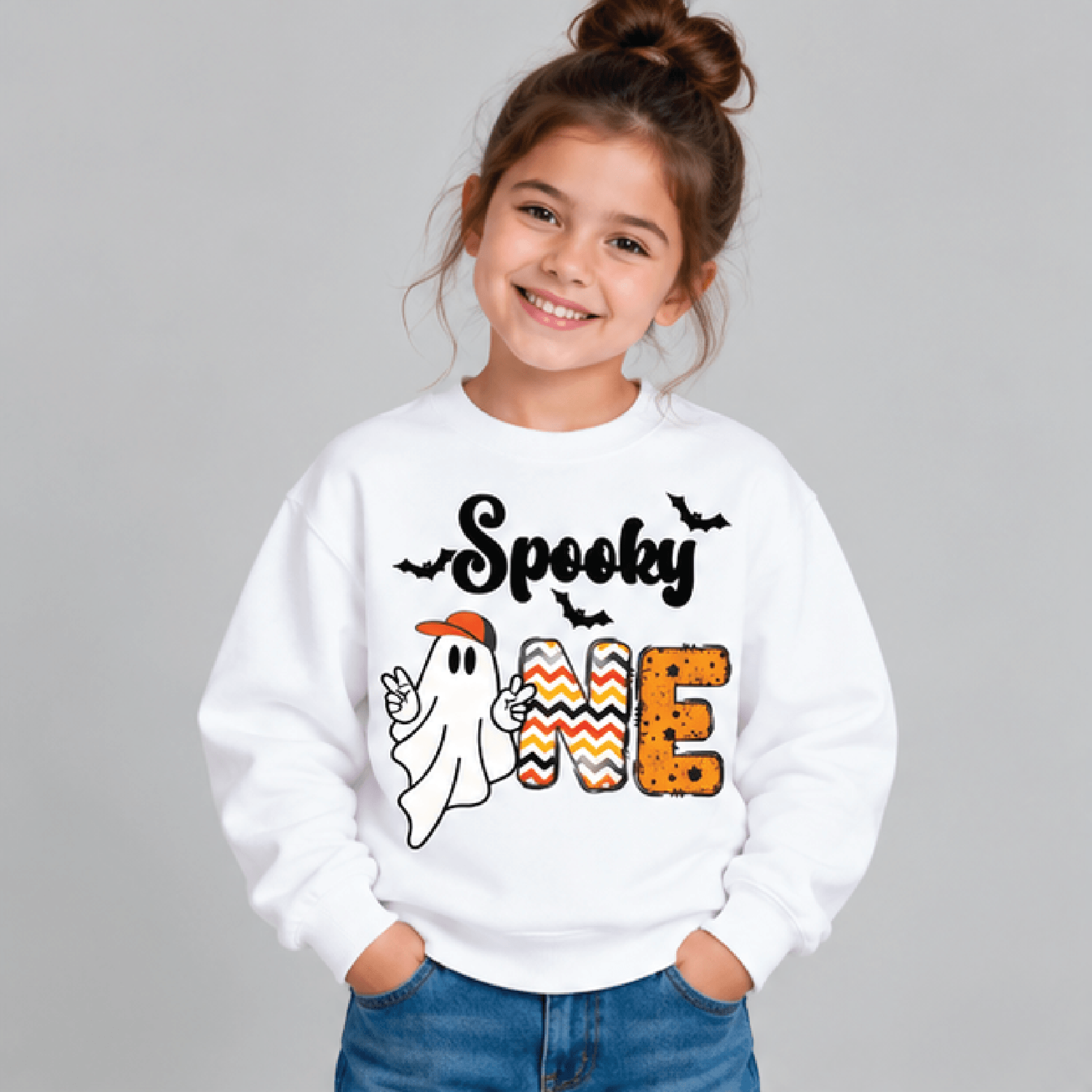 spooky one halloween sweatshirt, kids youth unisex ghost crewneck, cute orange cap ghost first birthday spooky sweater g