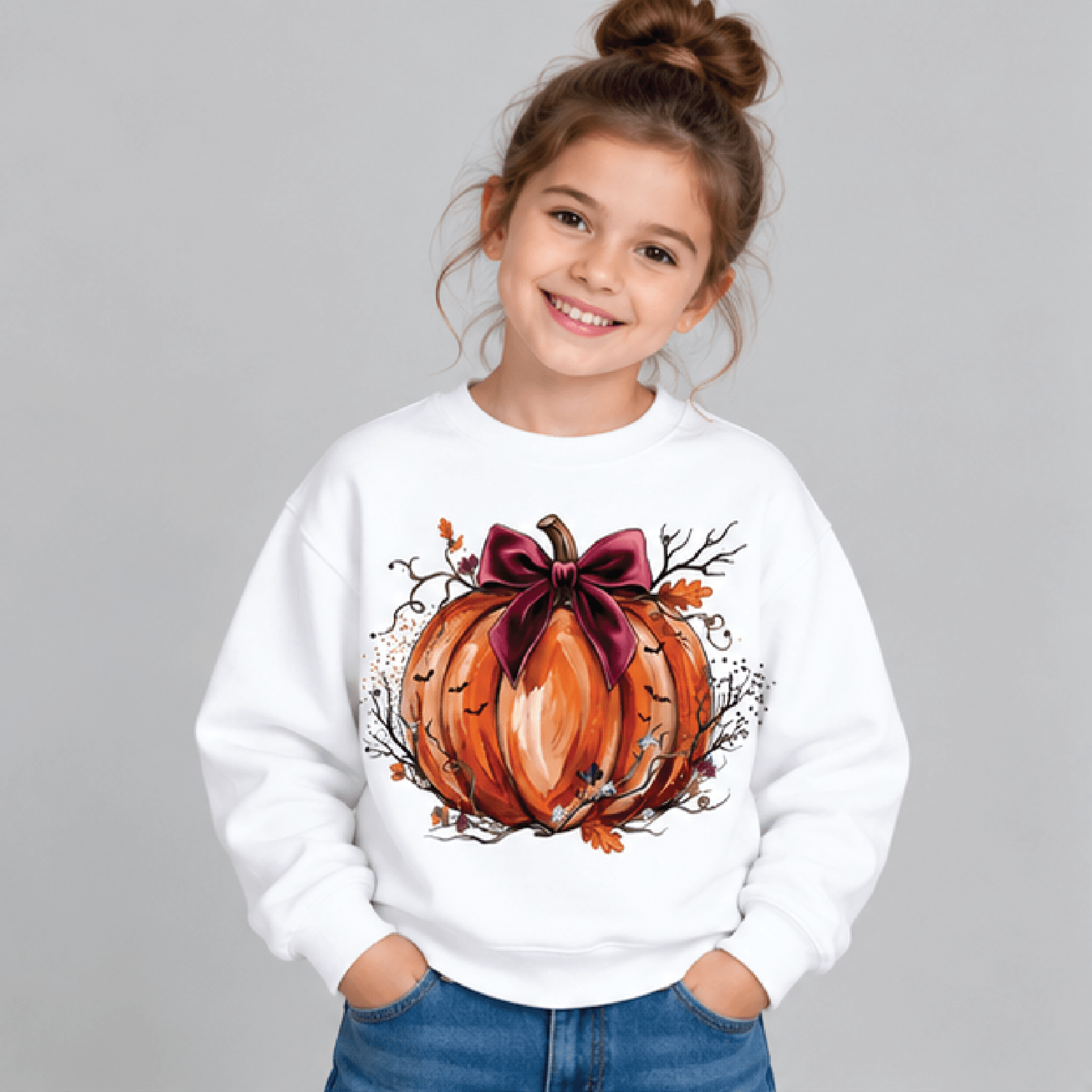 boho pumpkin fall sweatshirt, kids youth unisex bow pumpkin crewneck, cute floral autumn sweater, pumpkin patch thanksgi